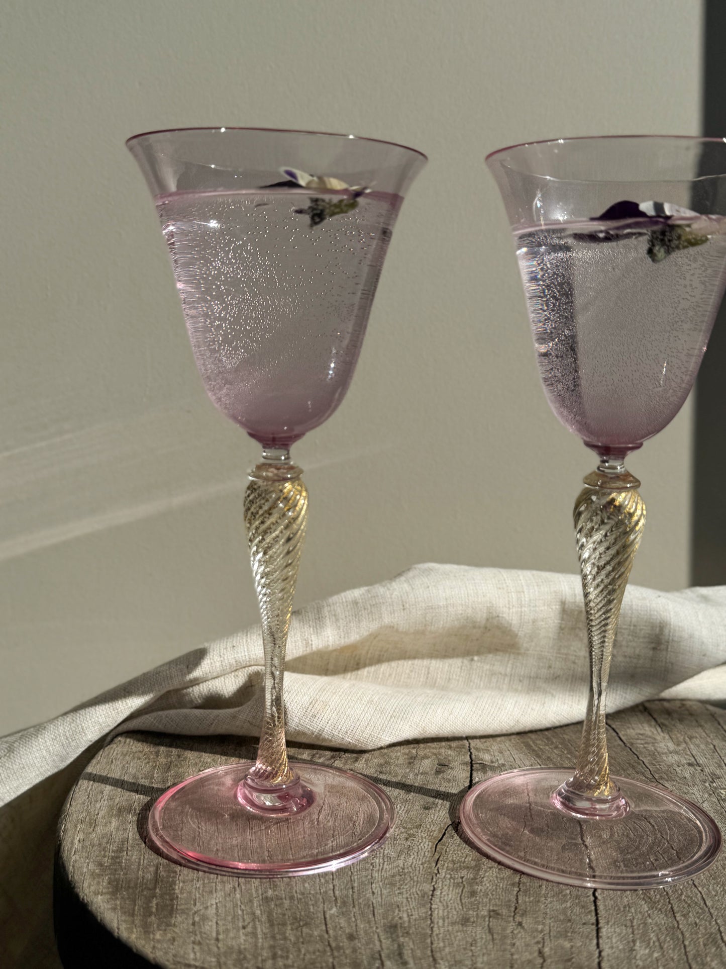 Incredible Handblown Rose & Gold-Flecked Stem Glasses (Pair)