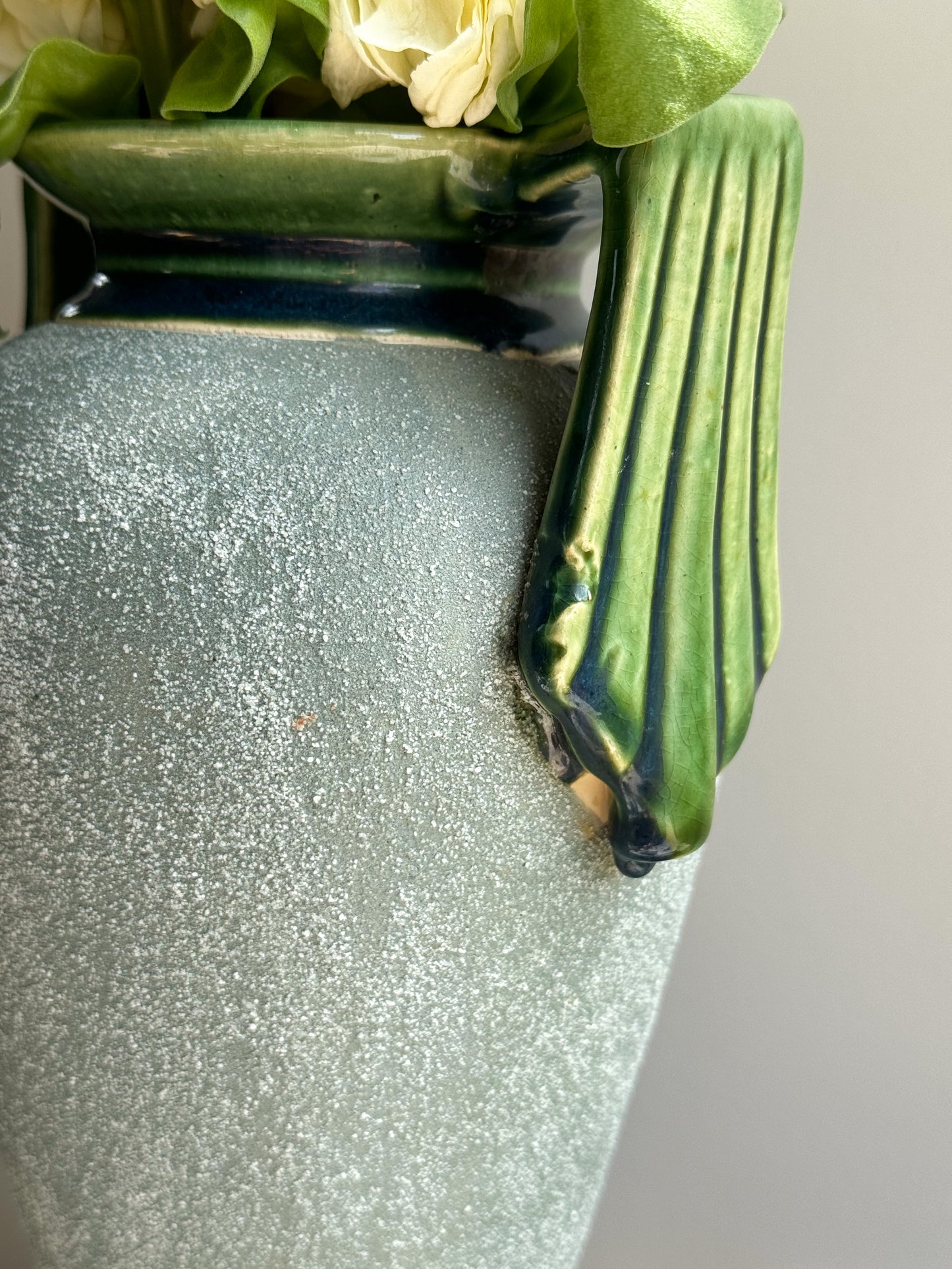 Large Art Deco Grey Sand Glaze Vase with Green Glazed Details