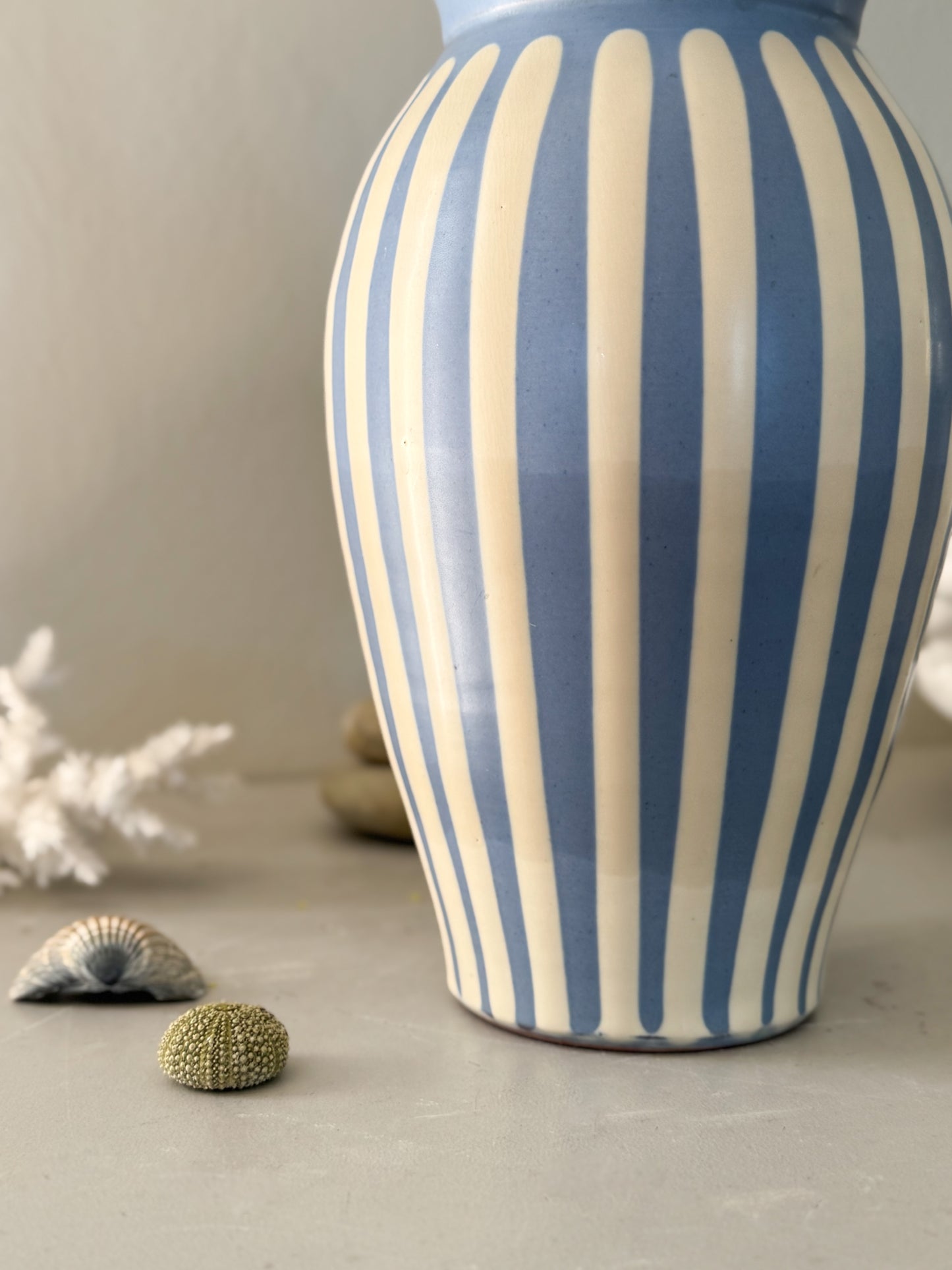 Vintage Striped Studio Pottery Vase, Blue & Cream