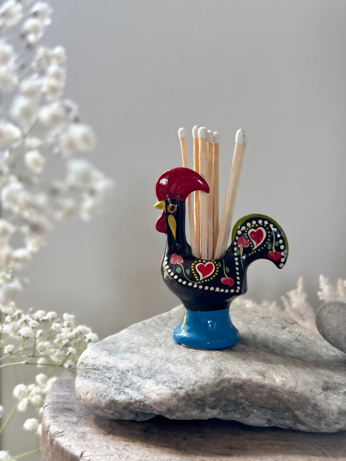 Vintage Enamel Portuguese Cockerel Pot • Match Pot, Cocktail Stick Holder
