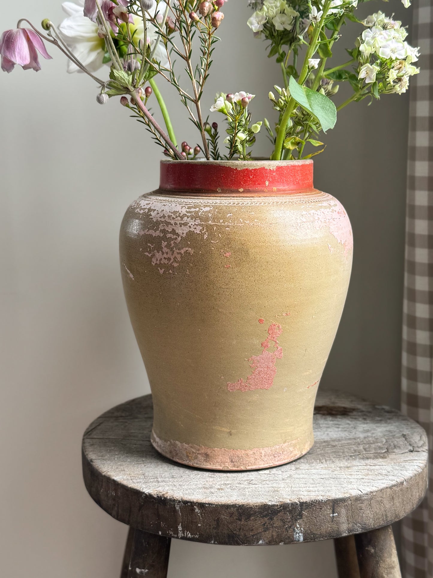 Vintage Mediterranean Earthenware Jar with Weathered Pink & Red Patina