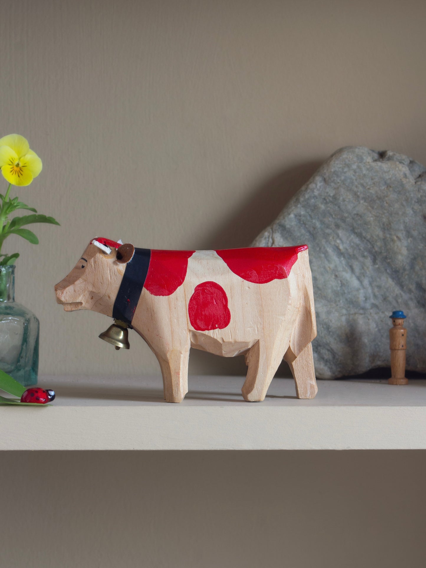 Vintage Hand-Carved Wooden Cow with Bell • Y Fuwch Fach Goch | The Little Red Cow