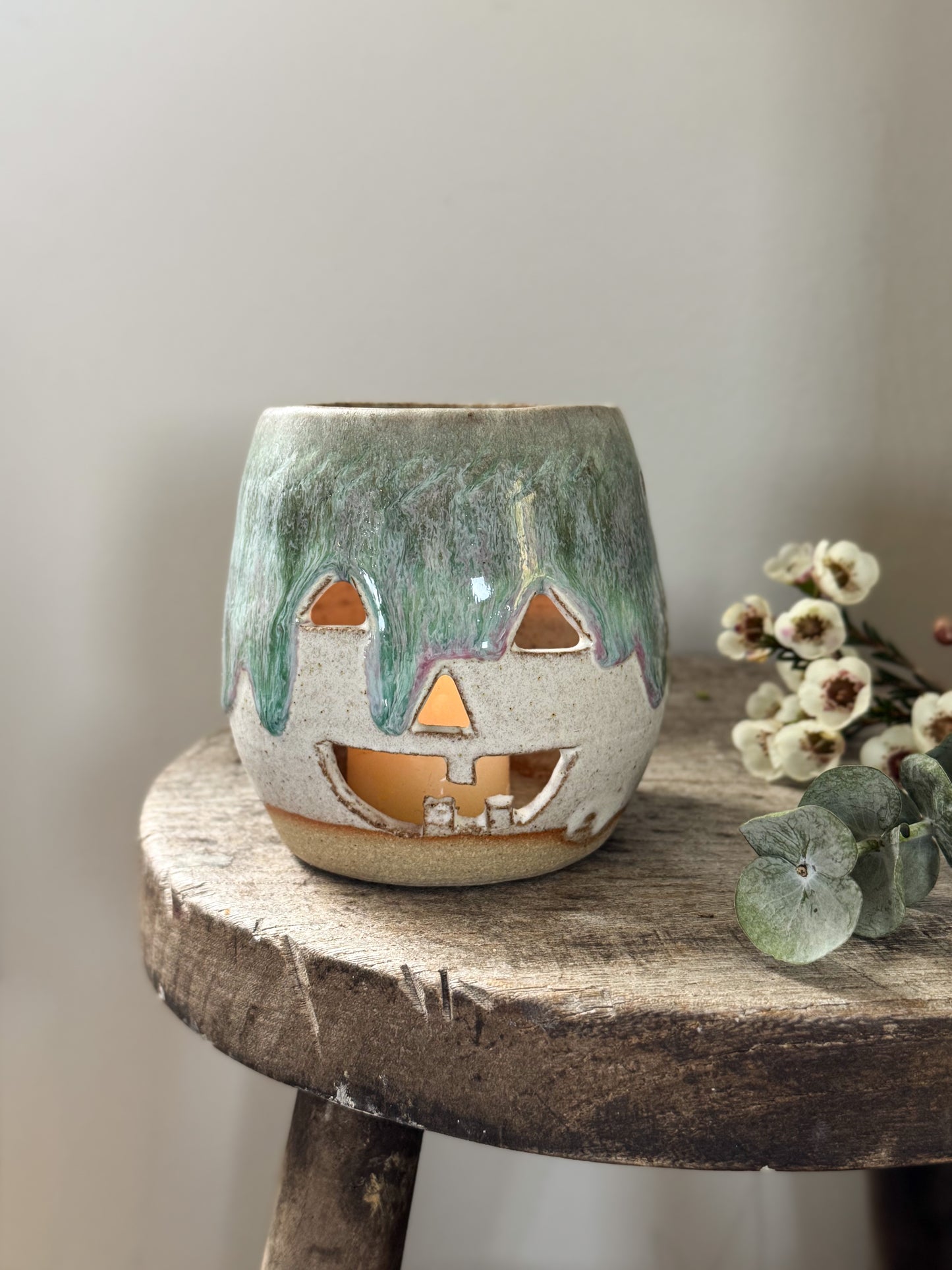 Lavendon Pottery Drip Glaze Pumpkin Candle Holder | Studio Pottery Jack-o’-Lantern