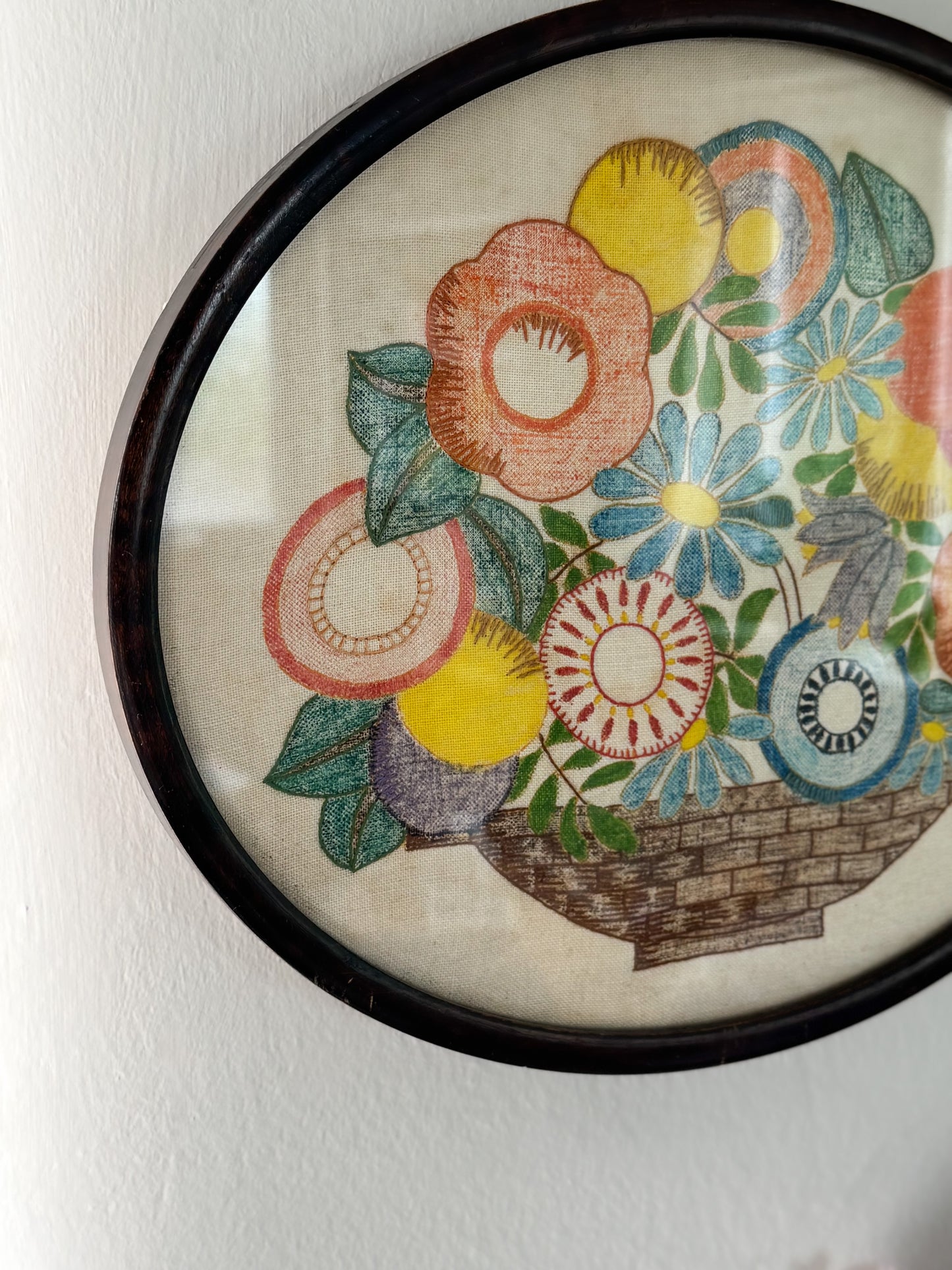 Framed Vintage 1930s Floral Embroidery in Glass-Fronted Wooden Frame