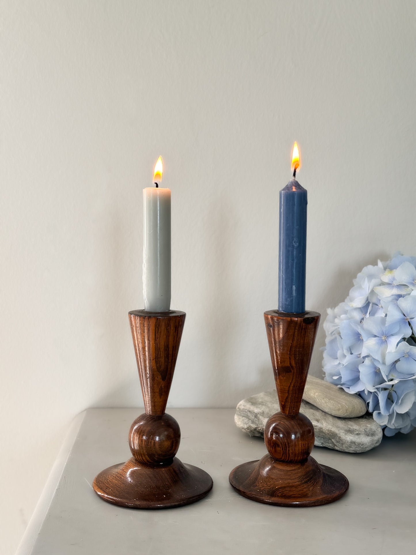 Pair of Vintage Hand-Turned Wooden Candlestick Holders