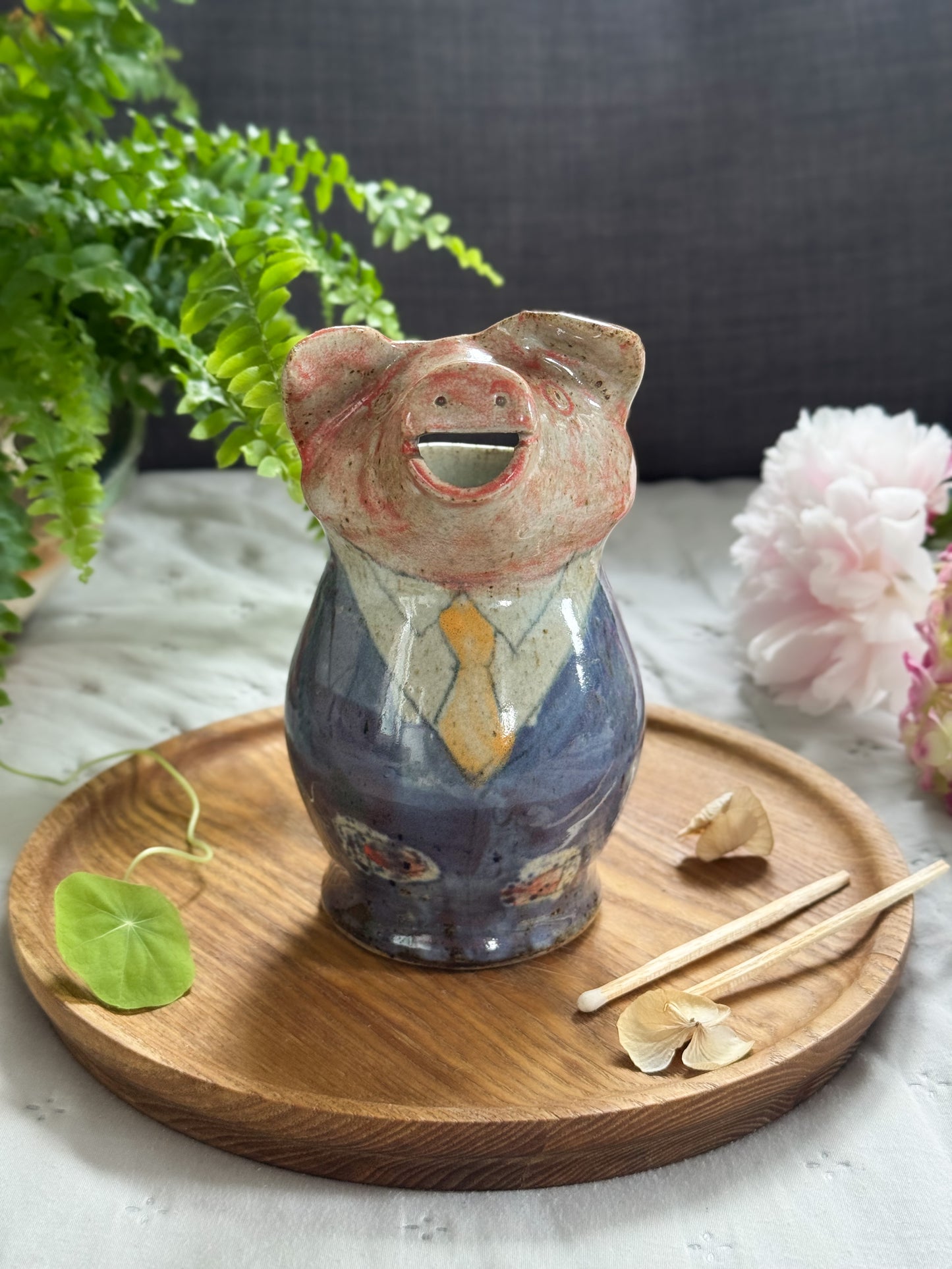 Very Rare Peter Arnold Studio Pottery Jug, Suited Pig Character, Alderney Pottery
