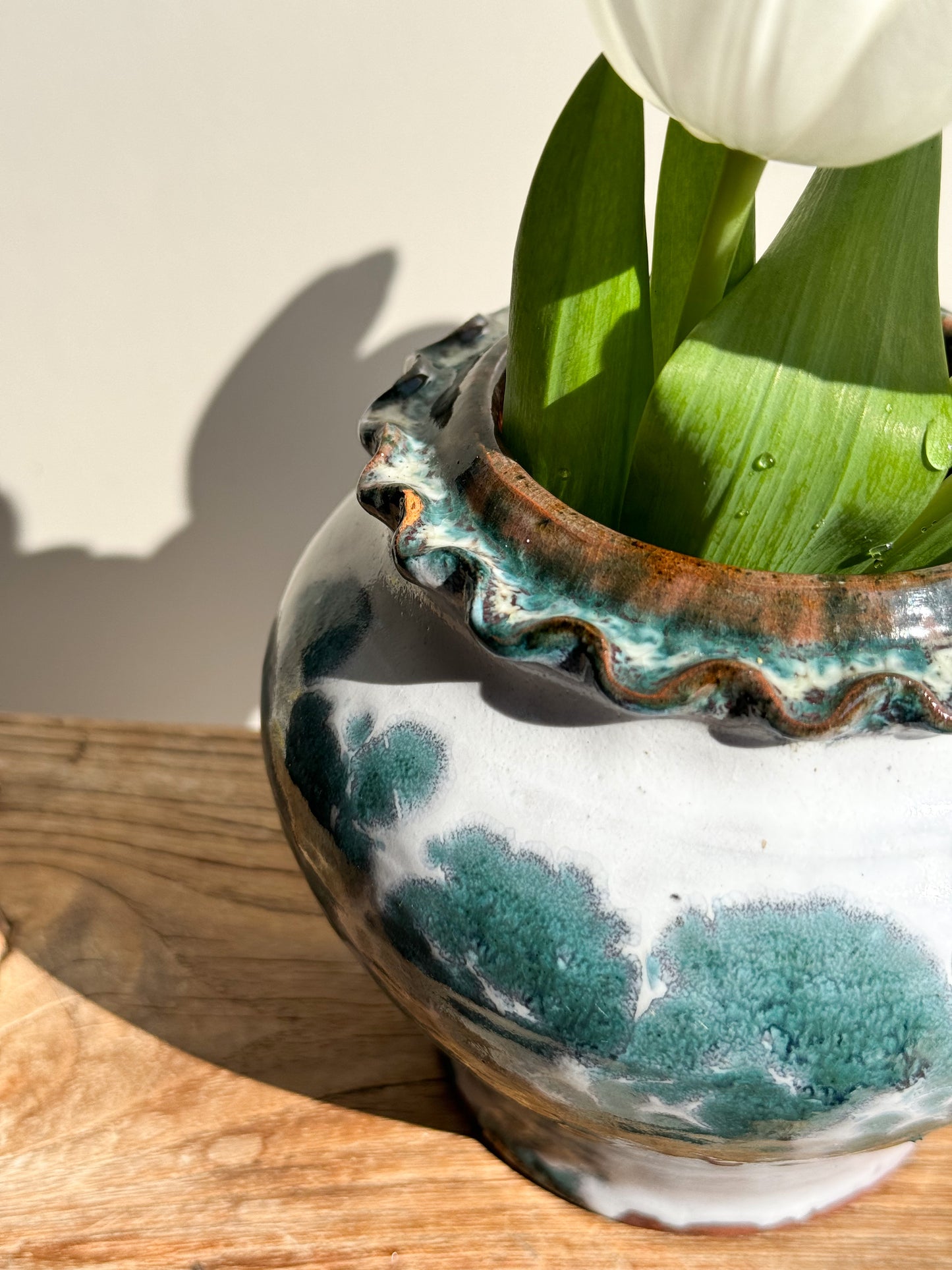 Studio Pottery Drip Glaze Scalloped Pot