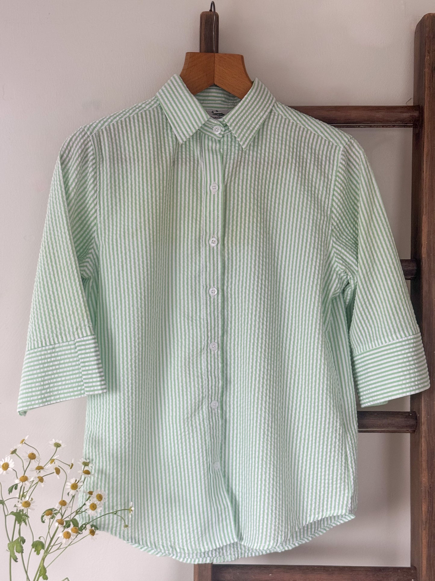 Vintage Pastel Green Stripe Seersucker Shirt, by Grenville, Size S, 100% Cotton