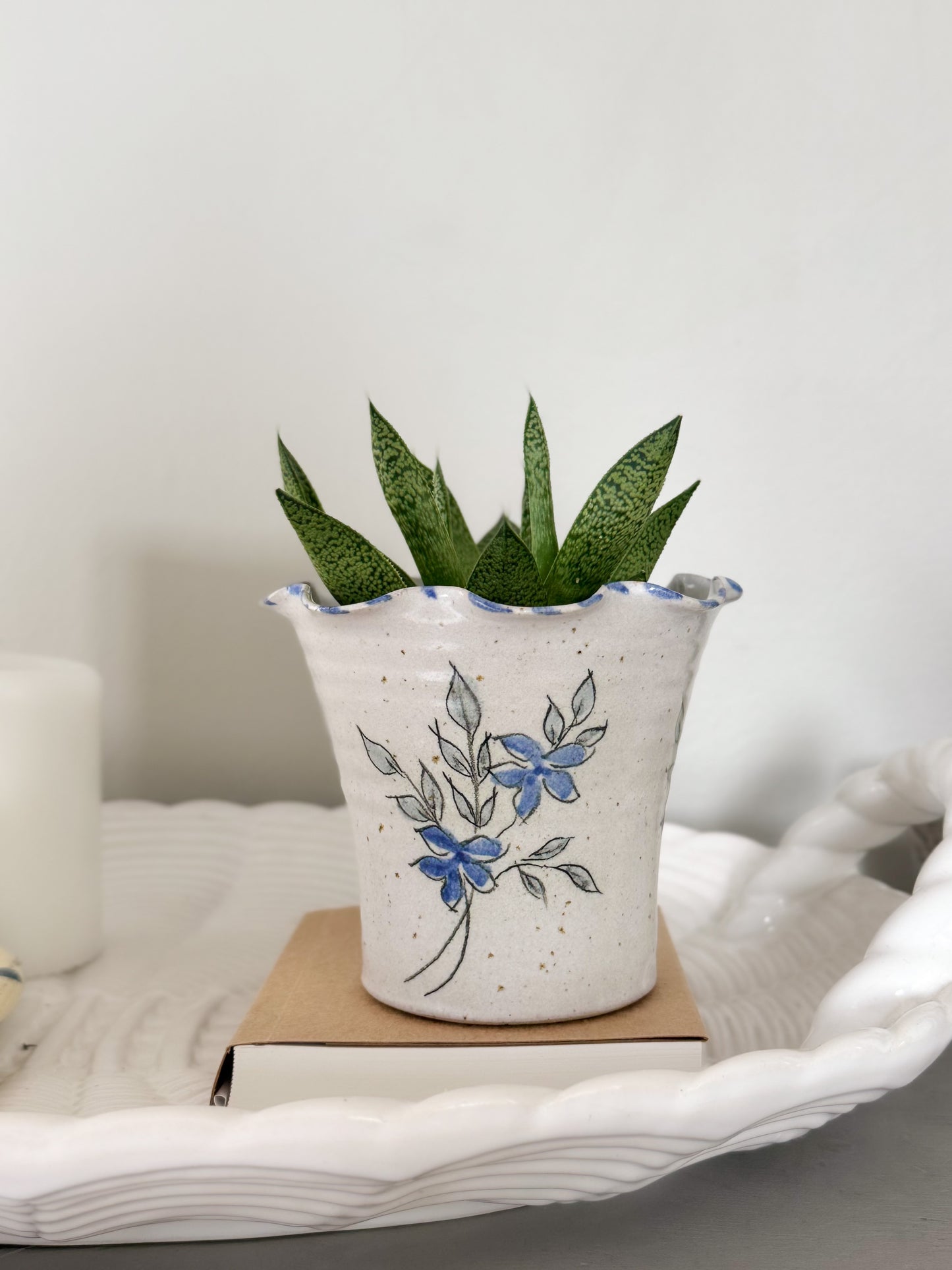 Vintage Studio Pottery Planter with Hand-Painted Blue Florals & Scalloped Rim