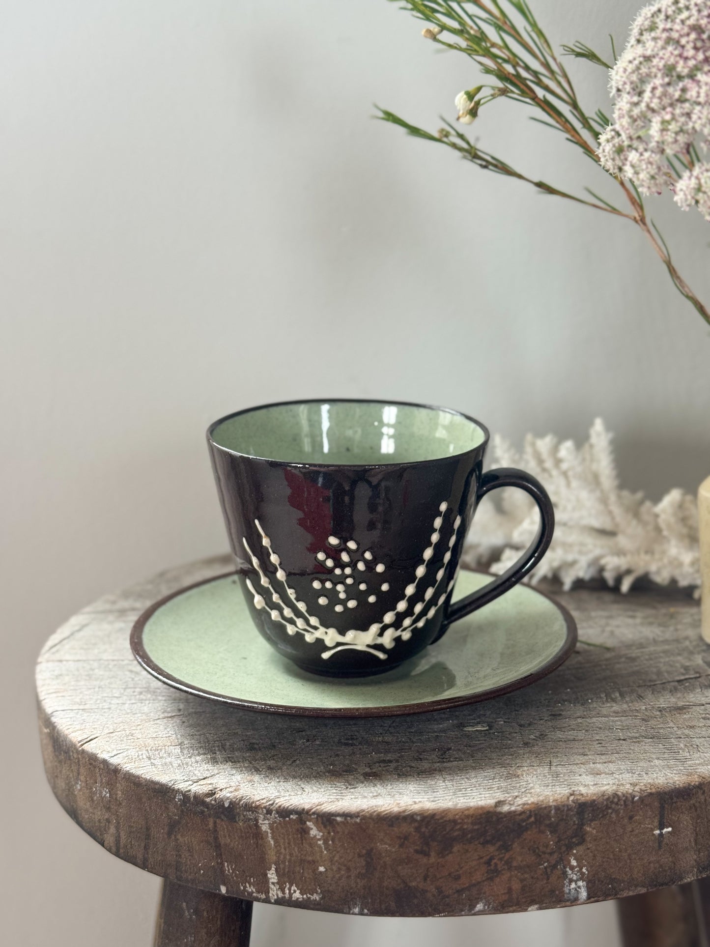 Rare Welsh Powell Pottery Slipware Cup & Saucer, Llangollen, Mid-1950s, Rhys & Jean Powell