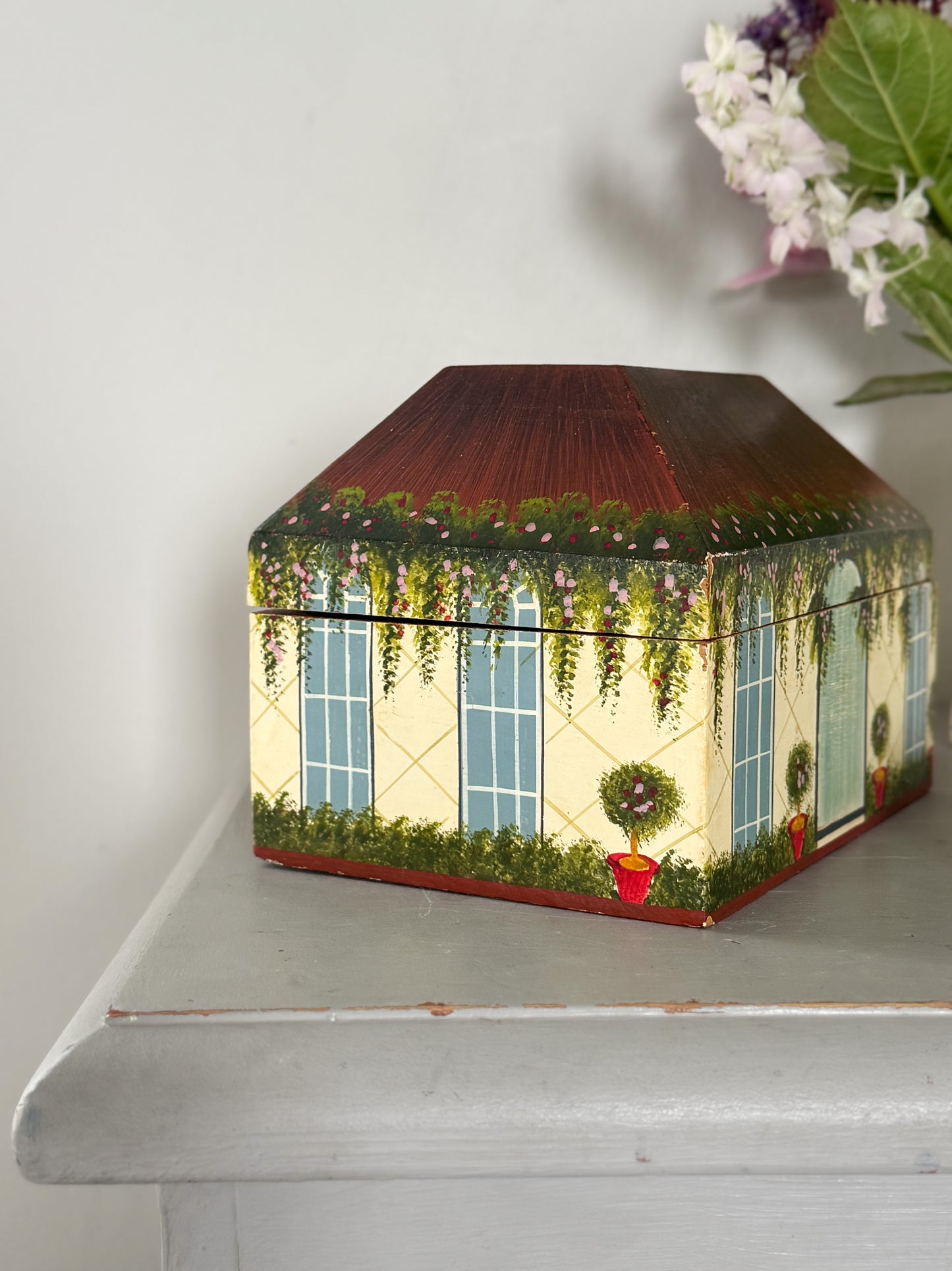 Vintage Hand-Painted Wooden Cottage Keepsake Box