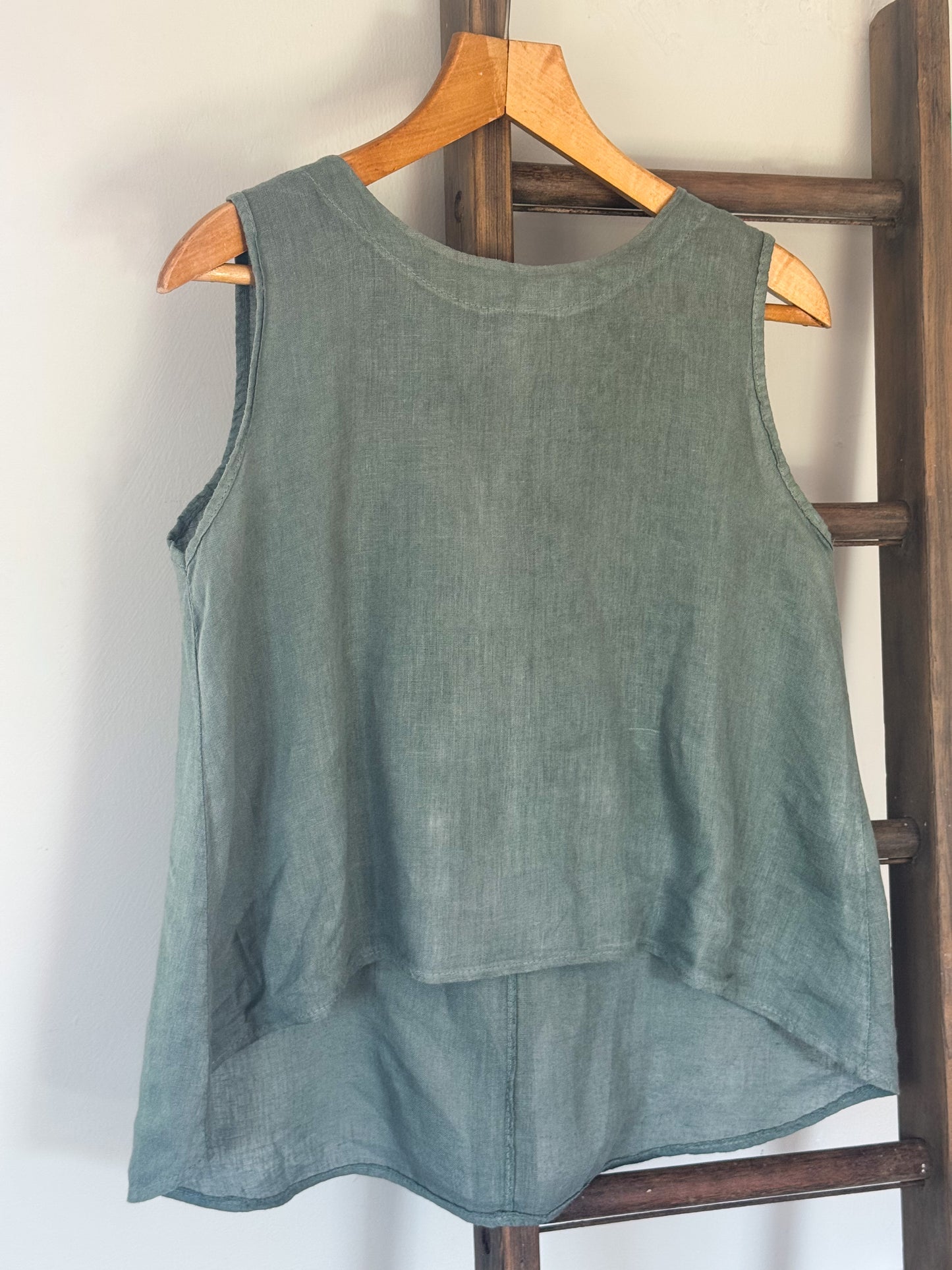Vintage Olive Linen Tie-Back Top , Made in Italy, 100% Linen, Size M-L