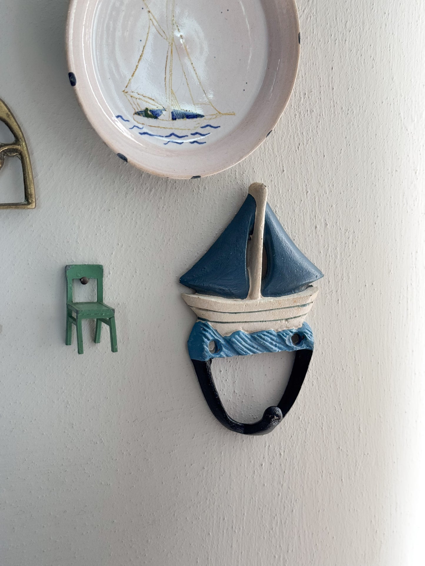Vintage Hand-Painted Cast Iron Sailing Boat Wall Hook