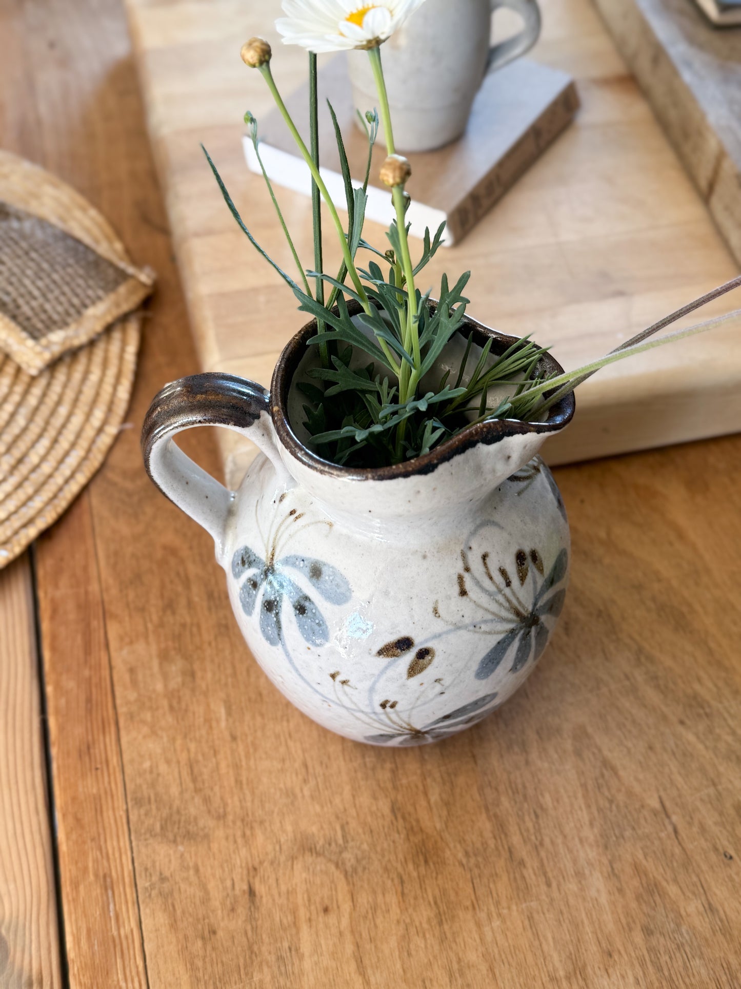 Vintage Handmade Studio Pottery Jug - Soft Blues with Floral Design