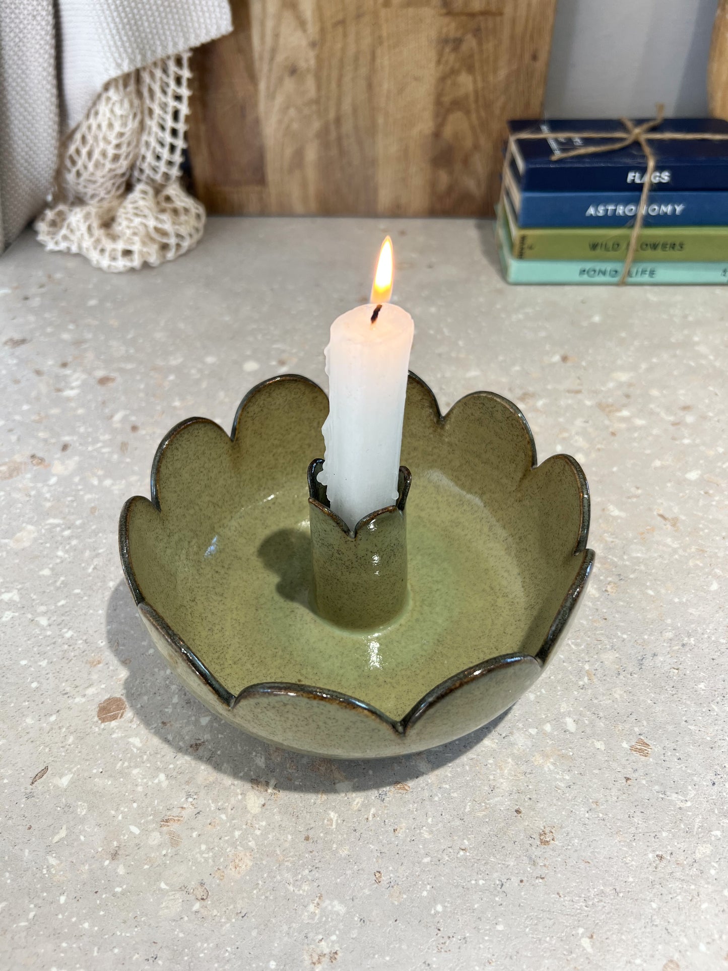 Jersey Pottery Green Scalloped Ceramic Candle-Holder