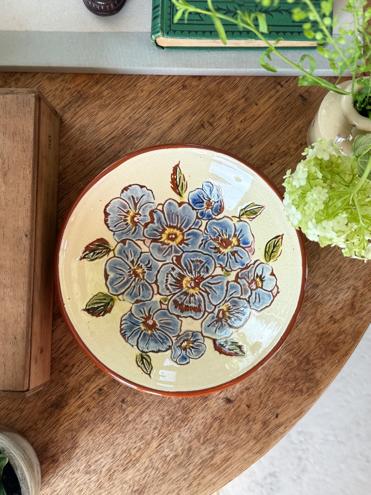Vintage 1952 Dunster Pottery ‘Pansies’ Glazed Terracotta Slipware Bowl