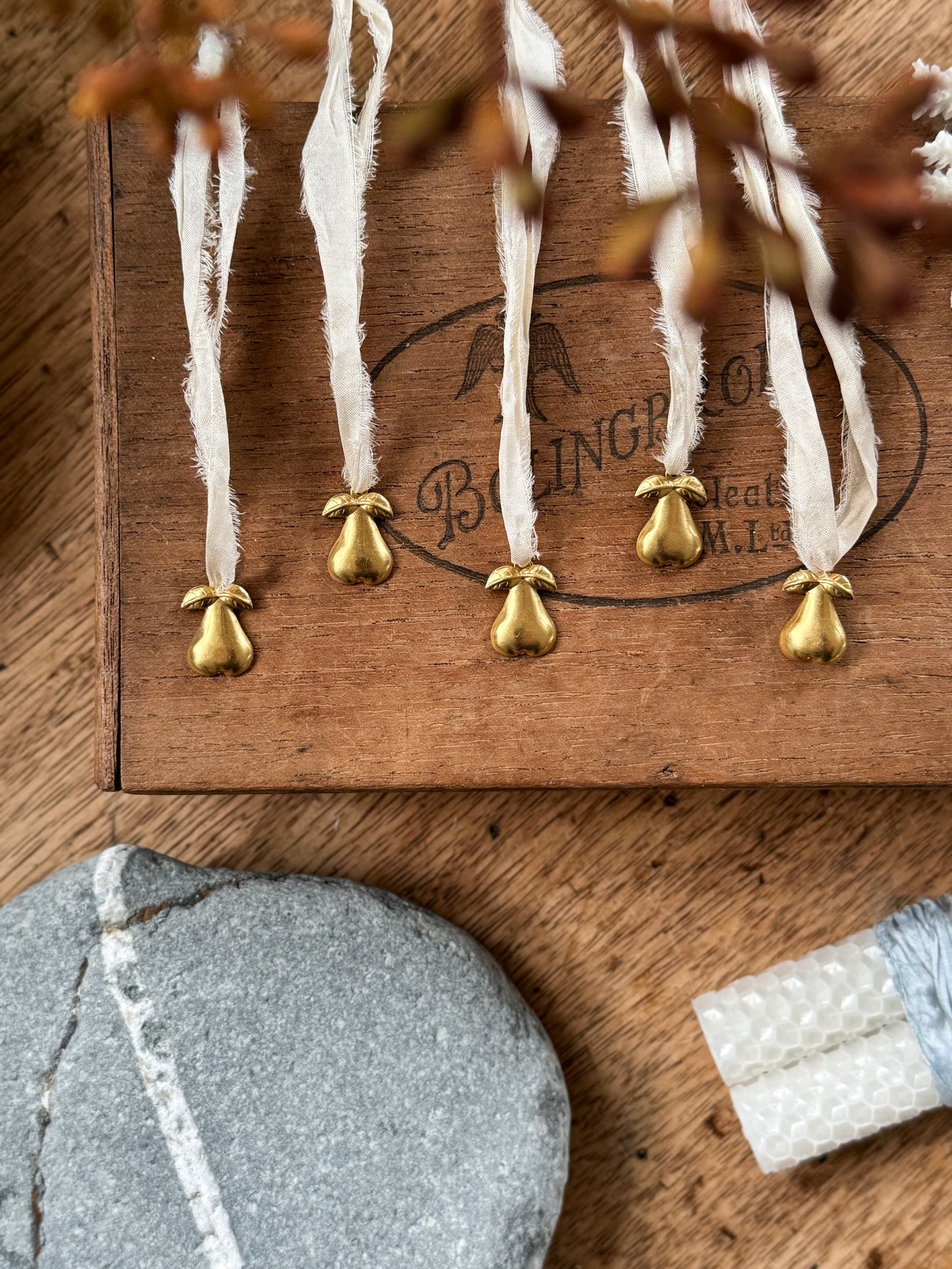 Handmade Miniature Brass Pear Decorations (Set of 5)