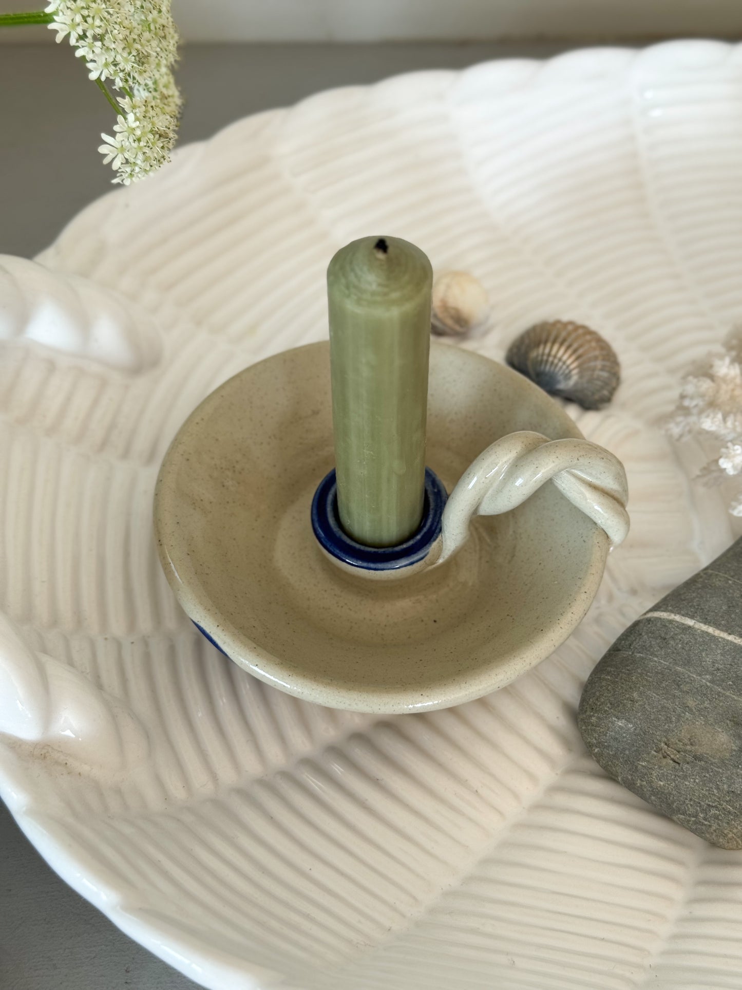 Studio Pottery Chamberstick with Roped Handle and Abstract Blue Leaf Design