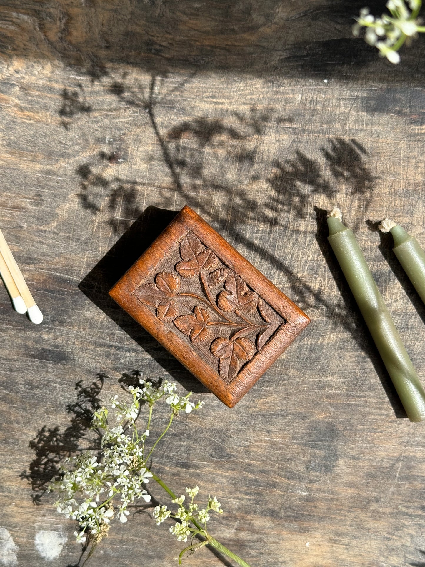 Vintage Hand-Carved Wooden Match Box Cover (With Matches)