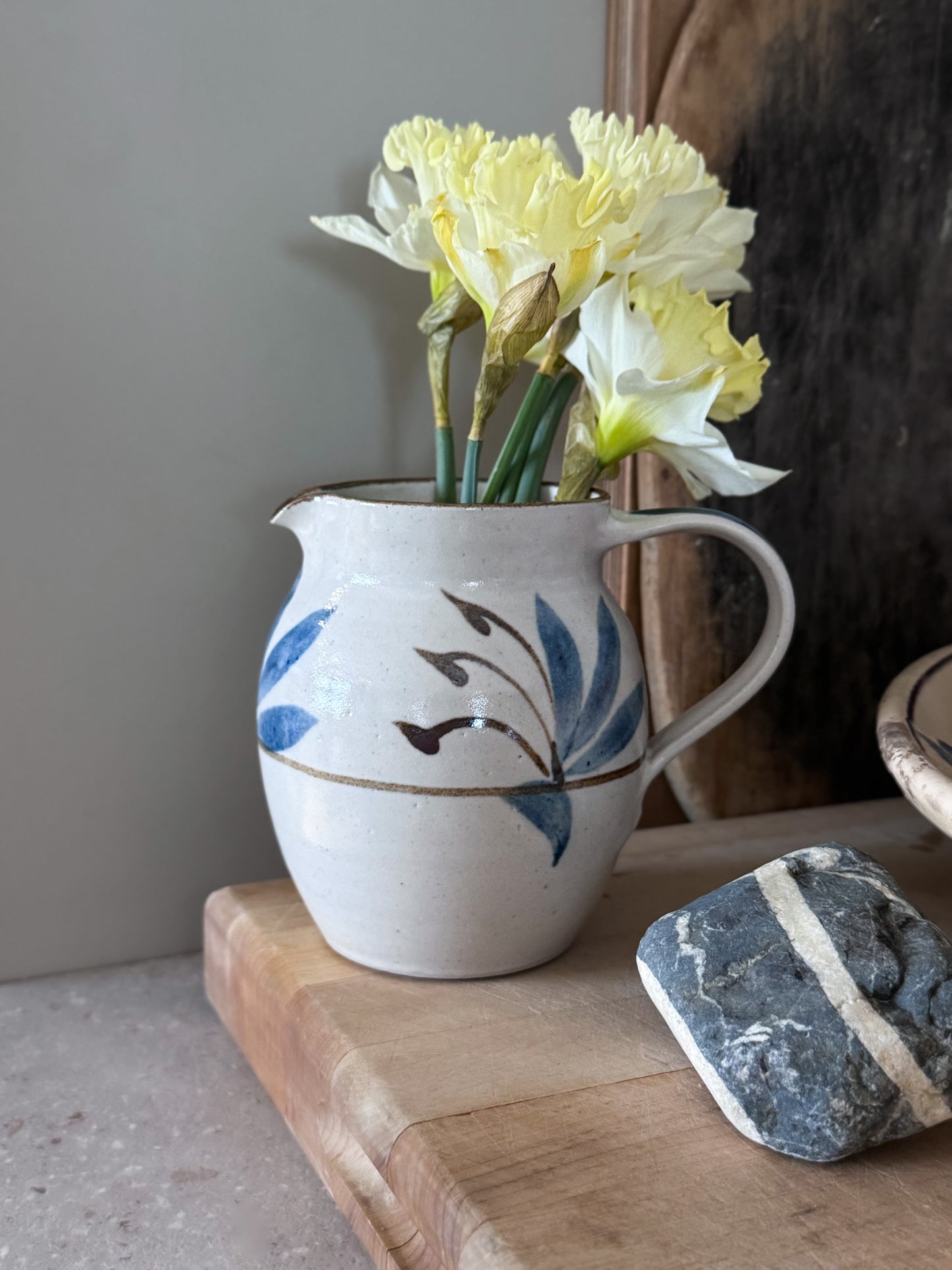Vintage Abstract Blue Floral Studio Pottery Jug