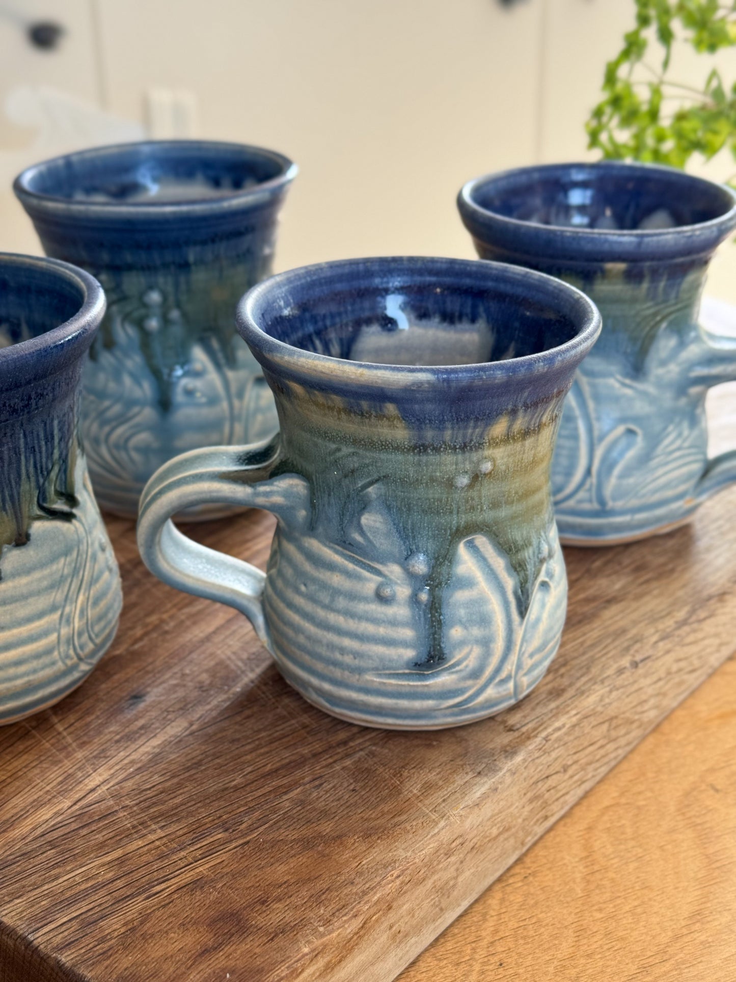 Incredible Vintage Abstract Studio Pottery Mugs, Ocean Blues • Set of 4
