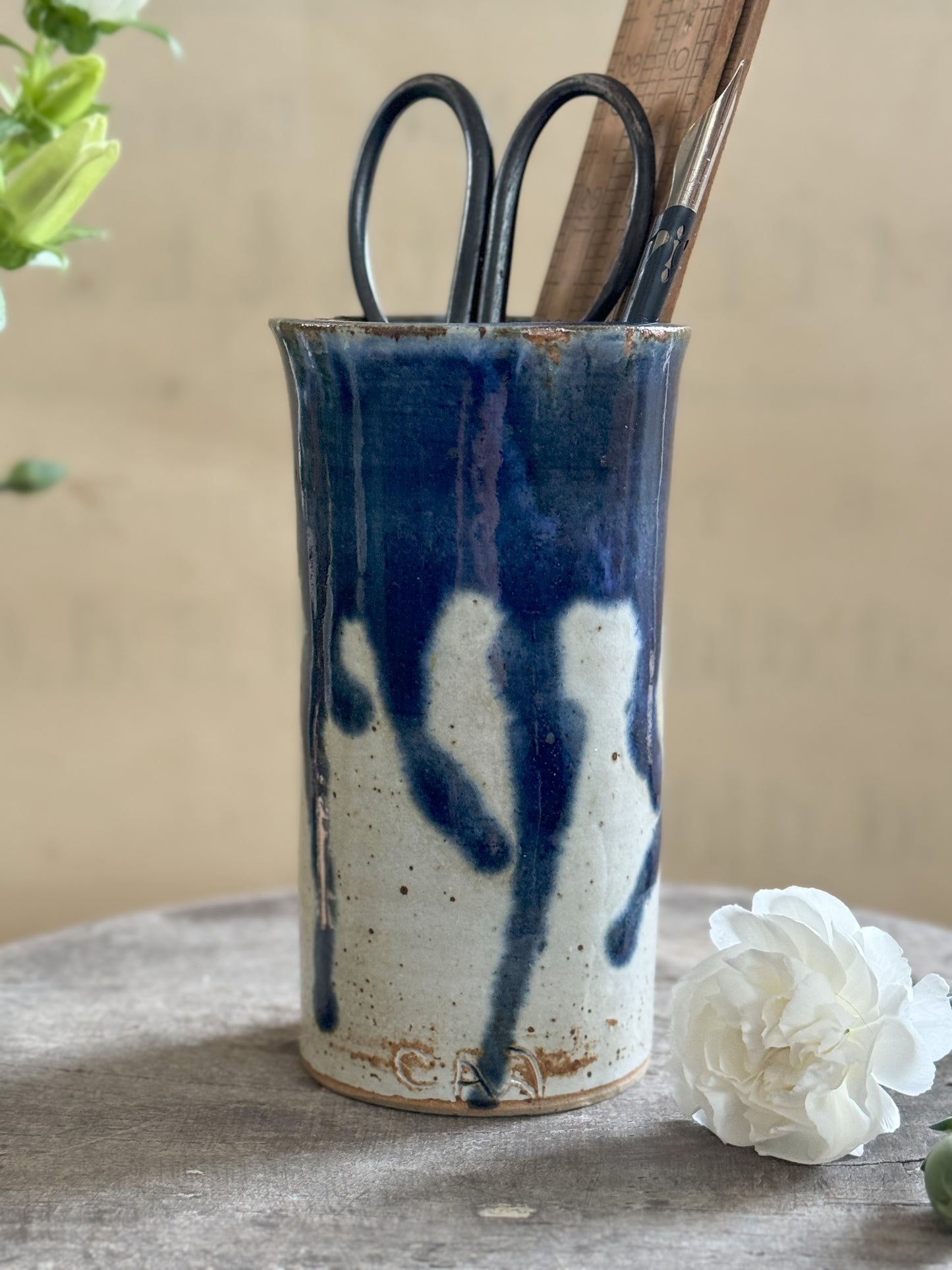 Vintage Studio Pottery Blue Drip Glaze Vase / Pencil Pot