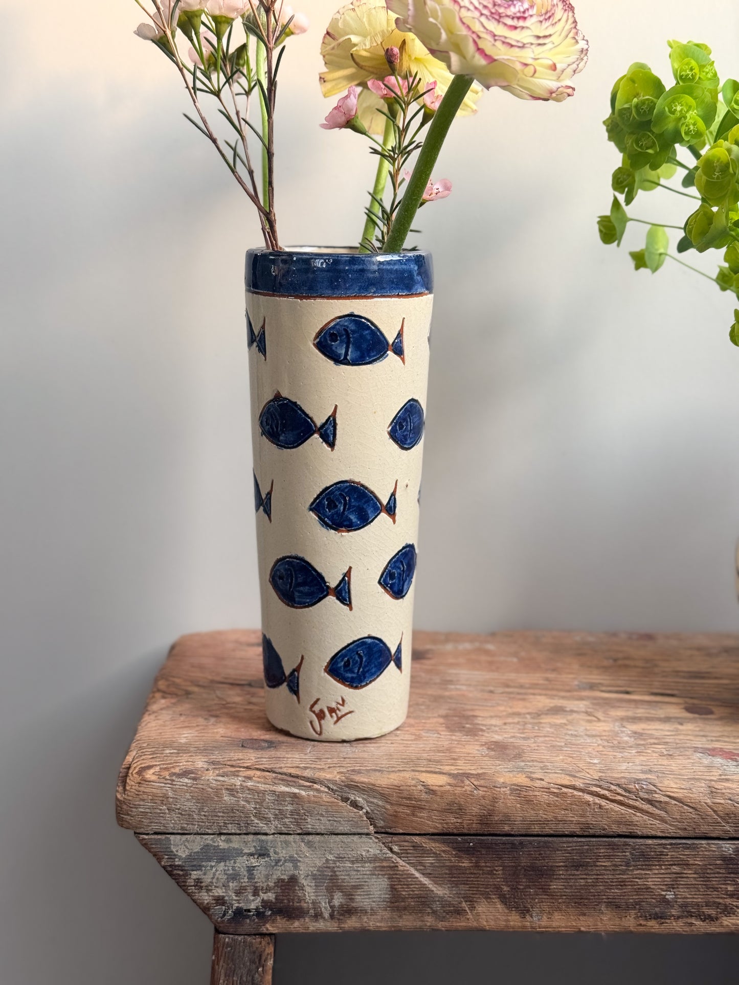 Unique Vintage Terracotta Slipware Fish Vase • Signed Joan