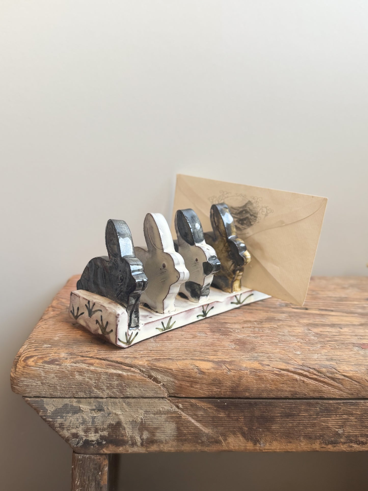 Studio Pottery Slipware ‘Bunny Rabbit’ Letter Rack by Heather Swain, Cornwall | Toast Rack, Napkin Holder