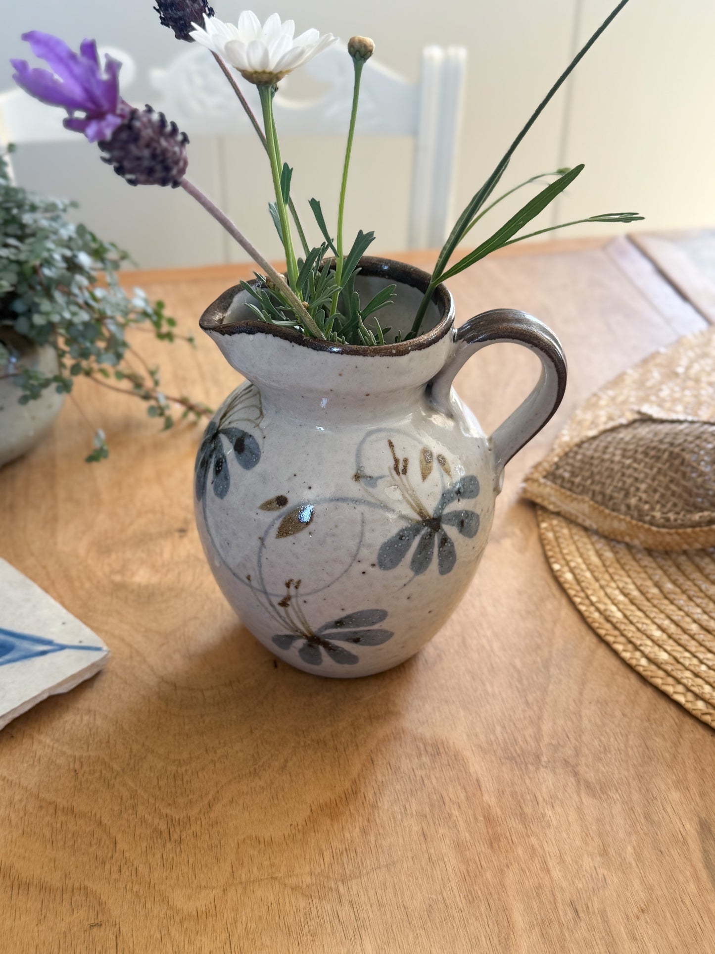 Vintage Handmade Studio Pottery Jug - Soft Blues with Floral Design