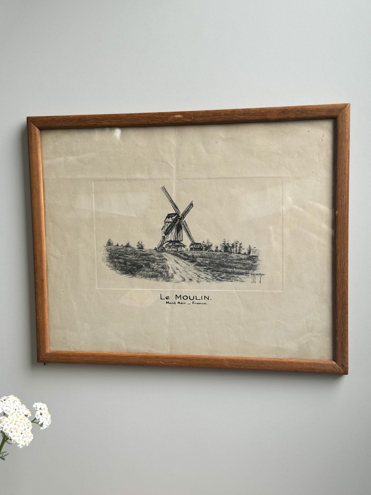 Vintage French Windmill, Mont Noir Framed Pencil Sketch