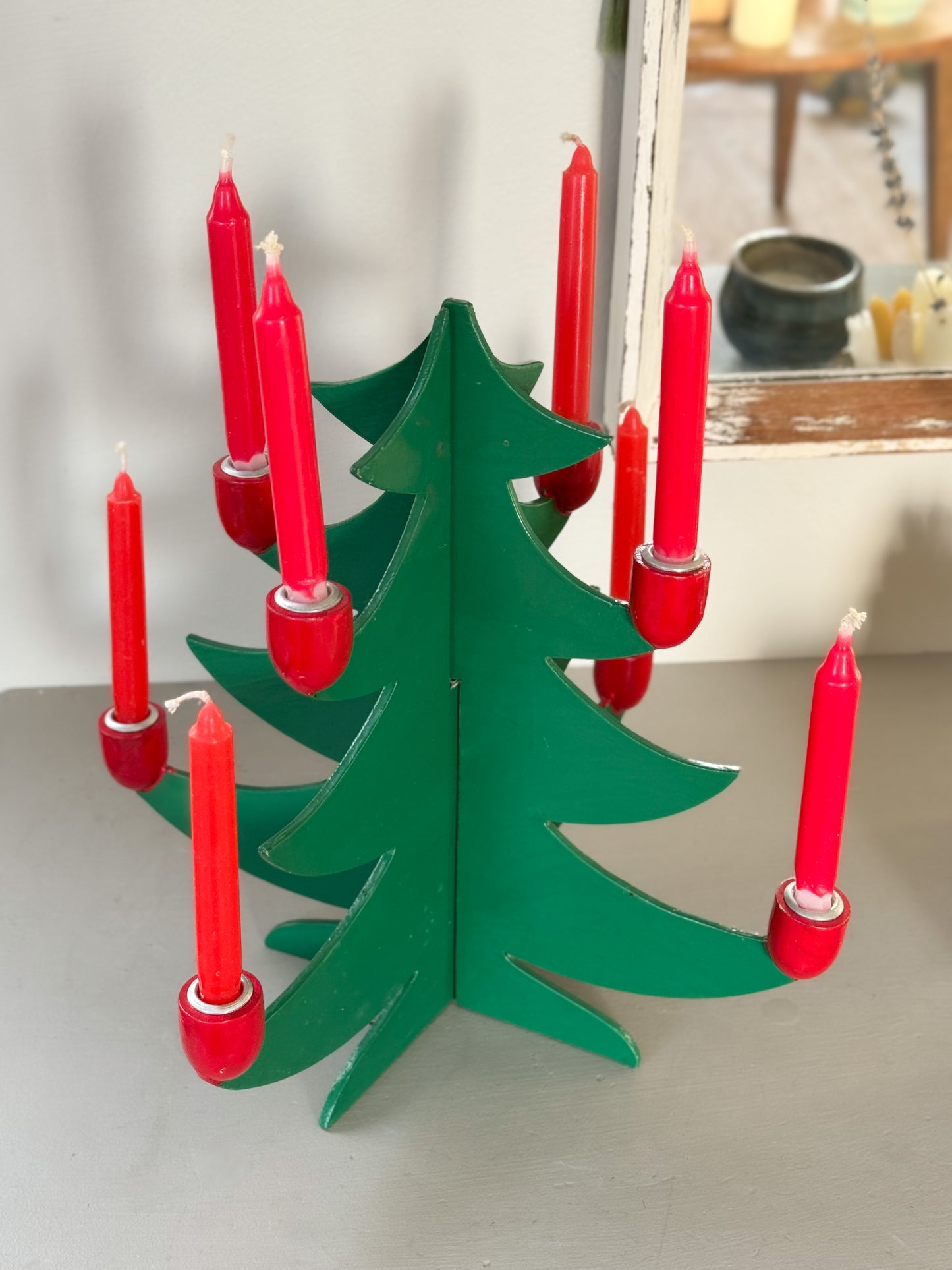 Vintage Swedish Wooden Christmas Tree Candelabra (with candles)