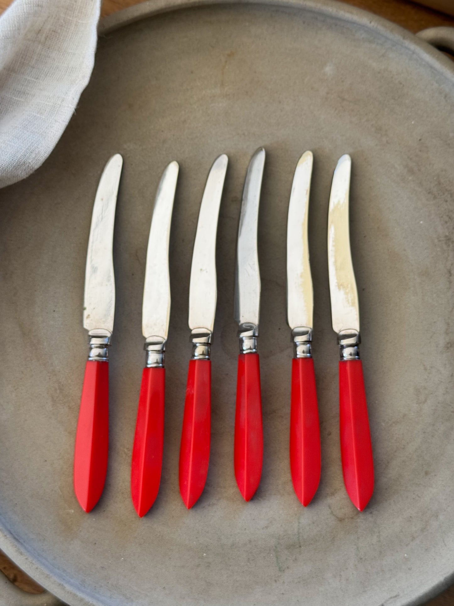 Set of 6 Vintage Silver Plated Tea Knives with Red Handles
