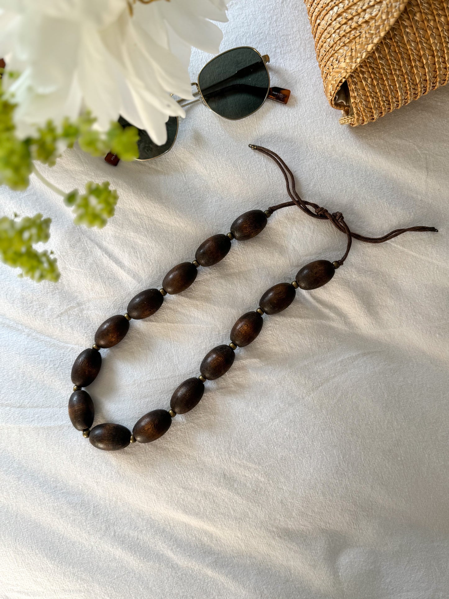 Vintage Wood & Brass Beaded Necklace