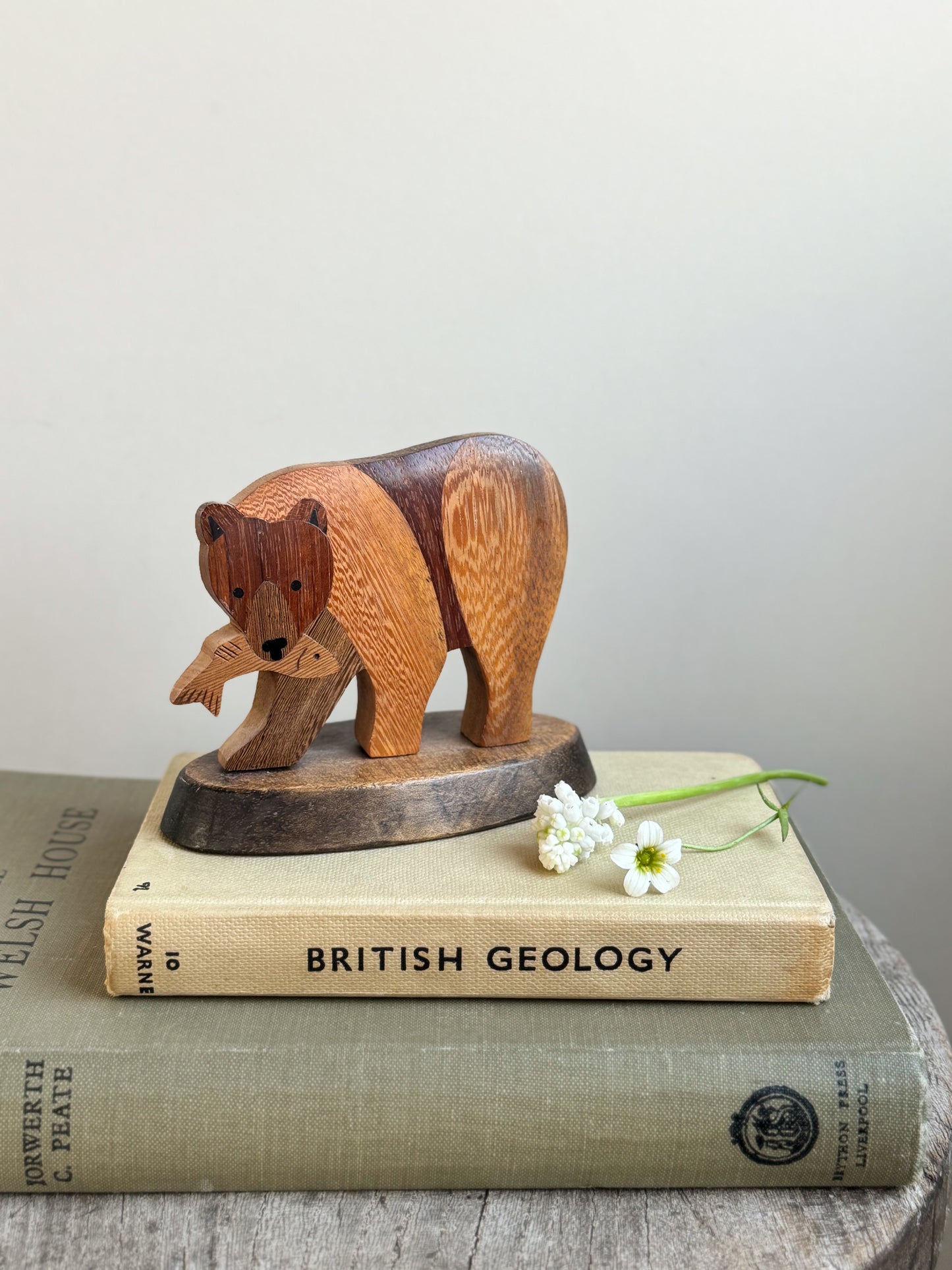 Handcrafted Wooden Bear with Fish – Made in the Philippines