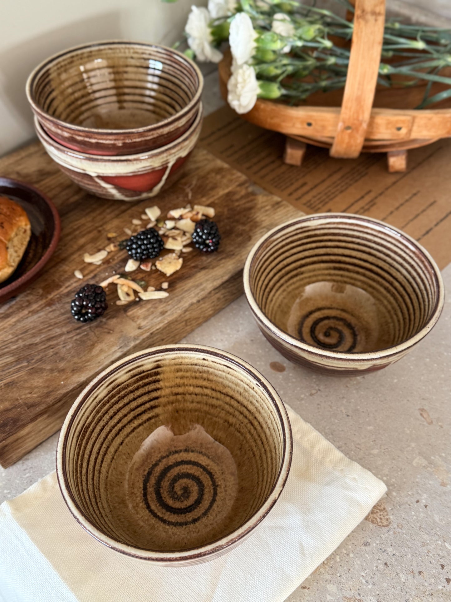 Studio Pottery Drip Glaze Swirl Bowls – Signed RW (Set of 4)