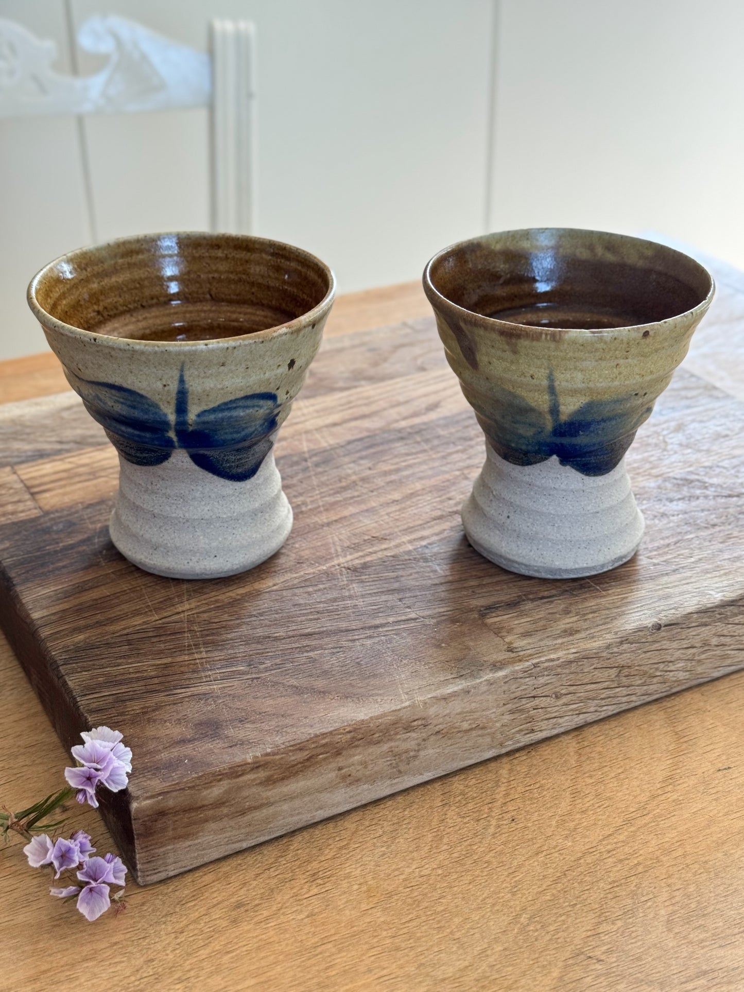Pair of Vintage Hand-Thrown Studio Pottery Beakers - Indigo Brushwork