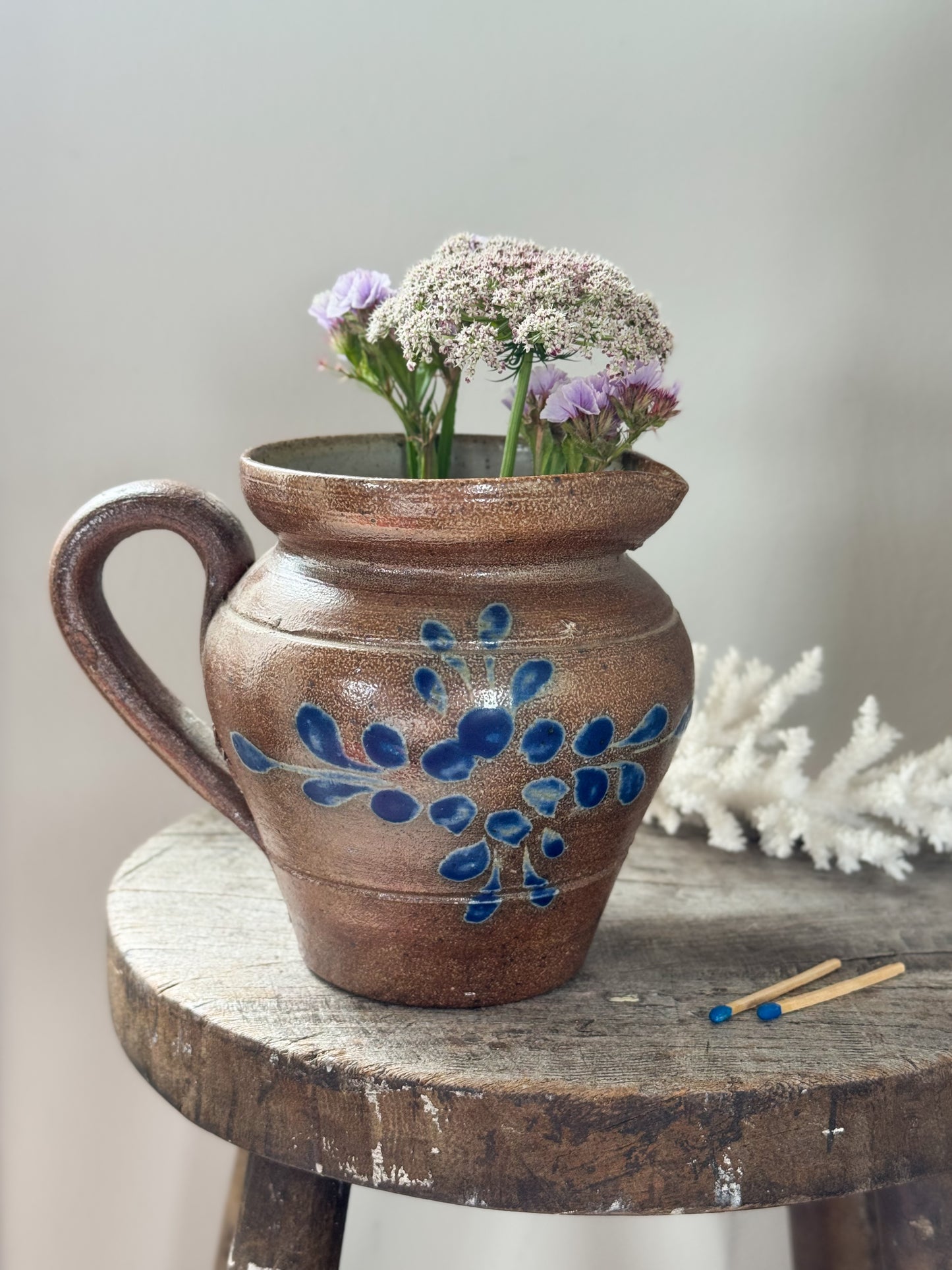 Antique French Glazed Stoneware Jug with Blue Floral Design