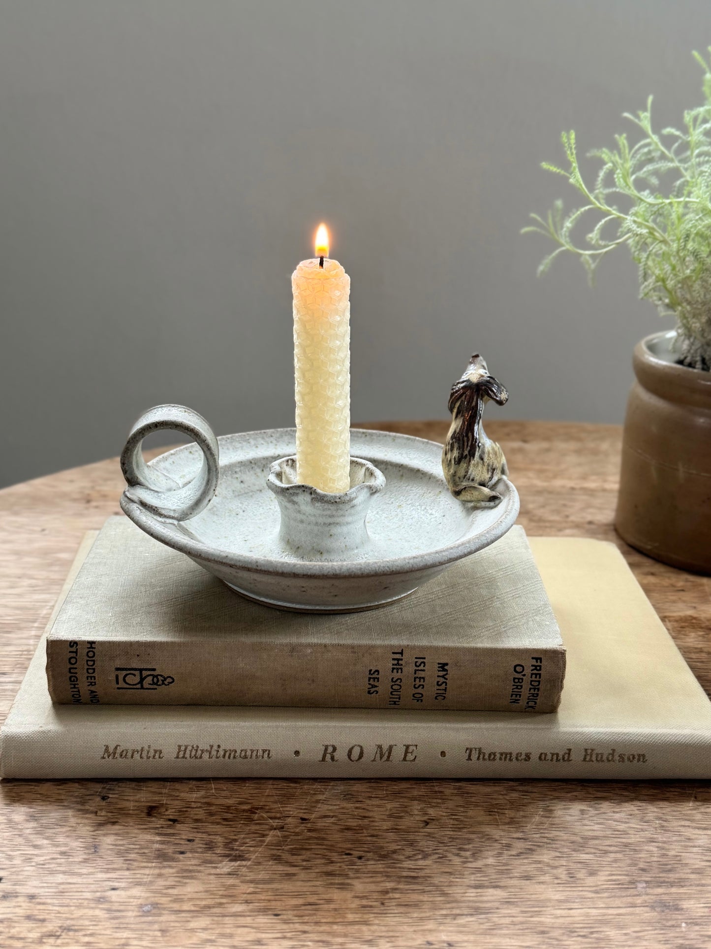 Vintage Studio Pottery Chamberstick with Little Dog