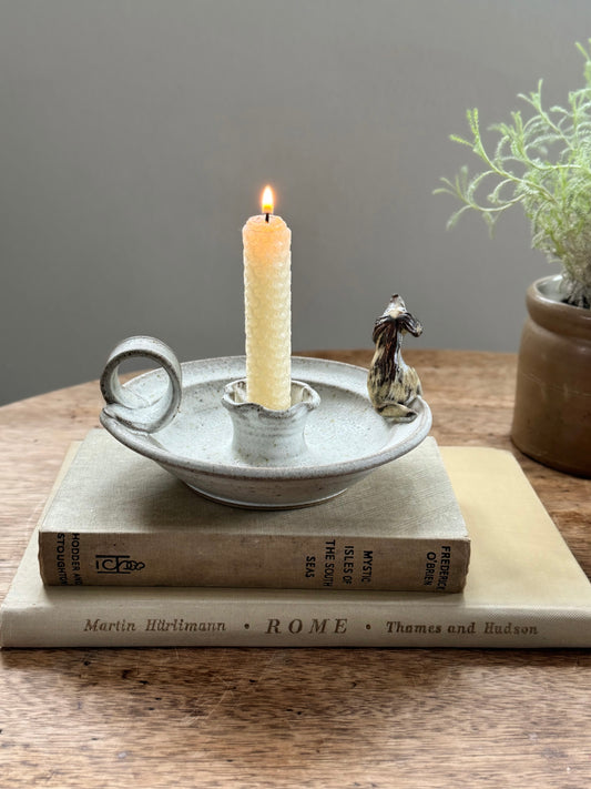 Vintage Studio Pottery Chamberstick with Little Dog