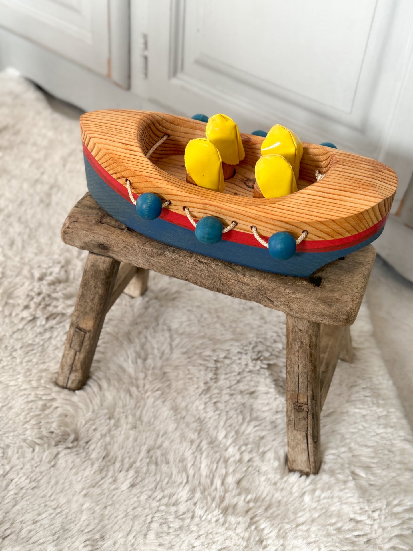 Vintage Wooden Toy Boat with Fishermen
