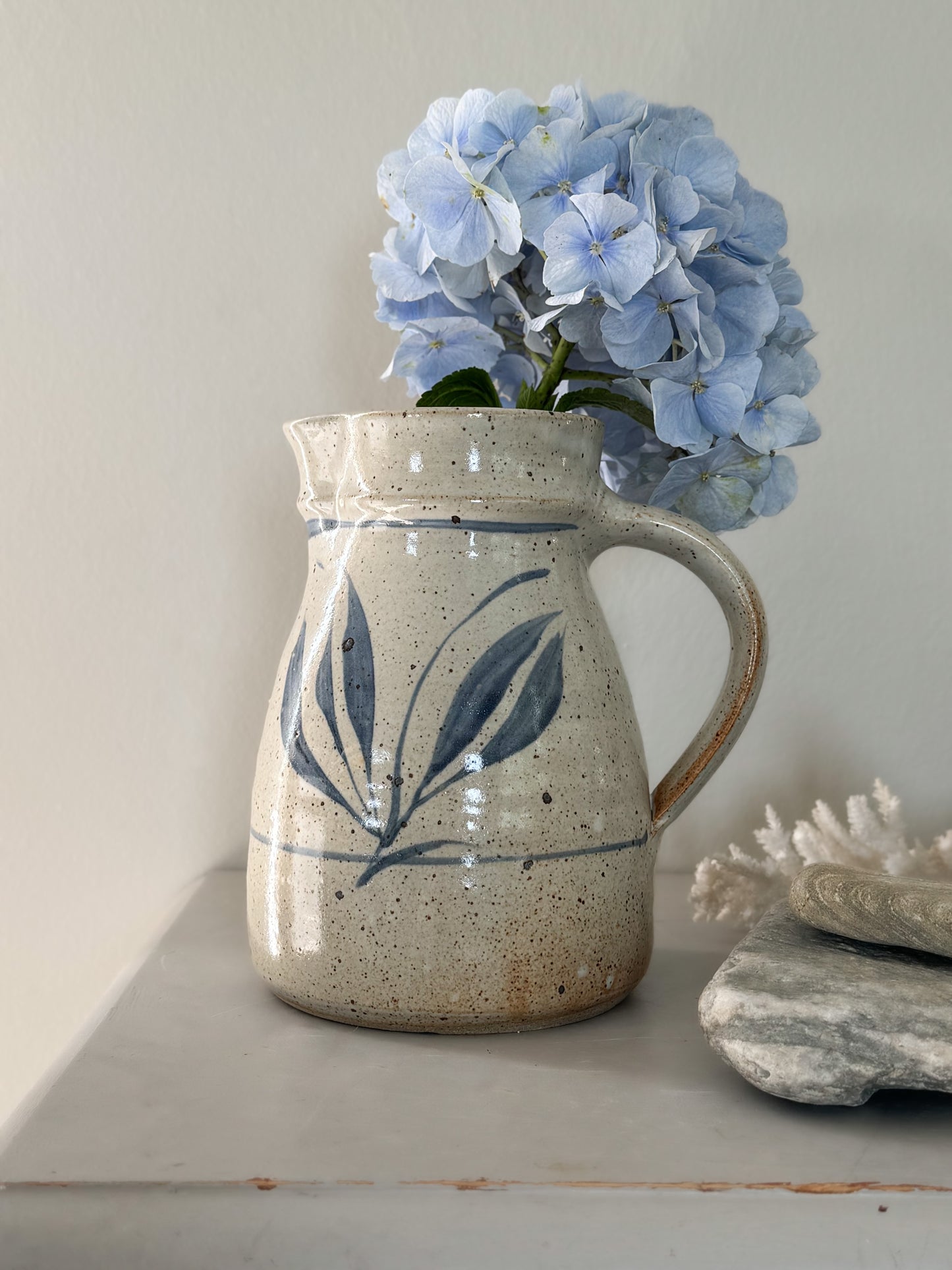 Vintage Large Studio Pottery Jug with Abstract Blue Leaf Design