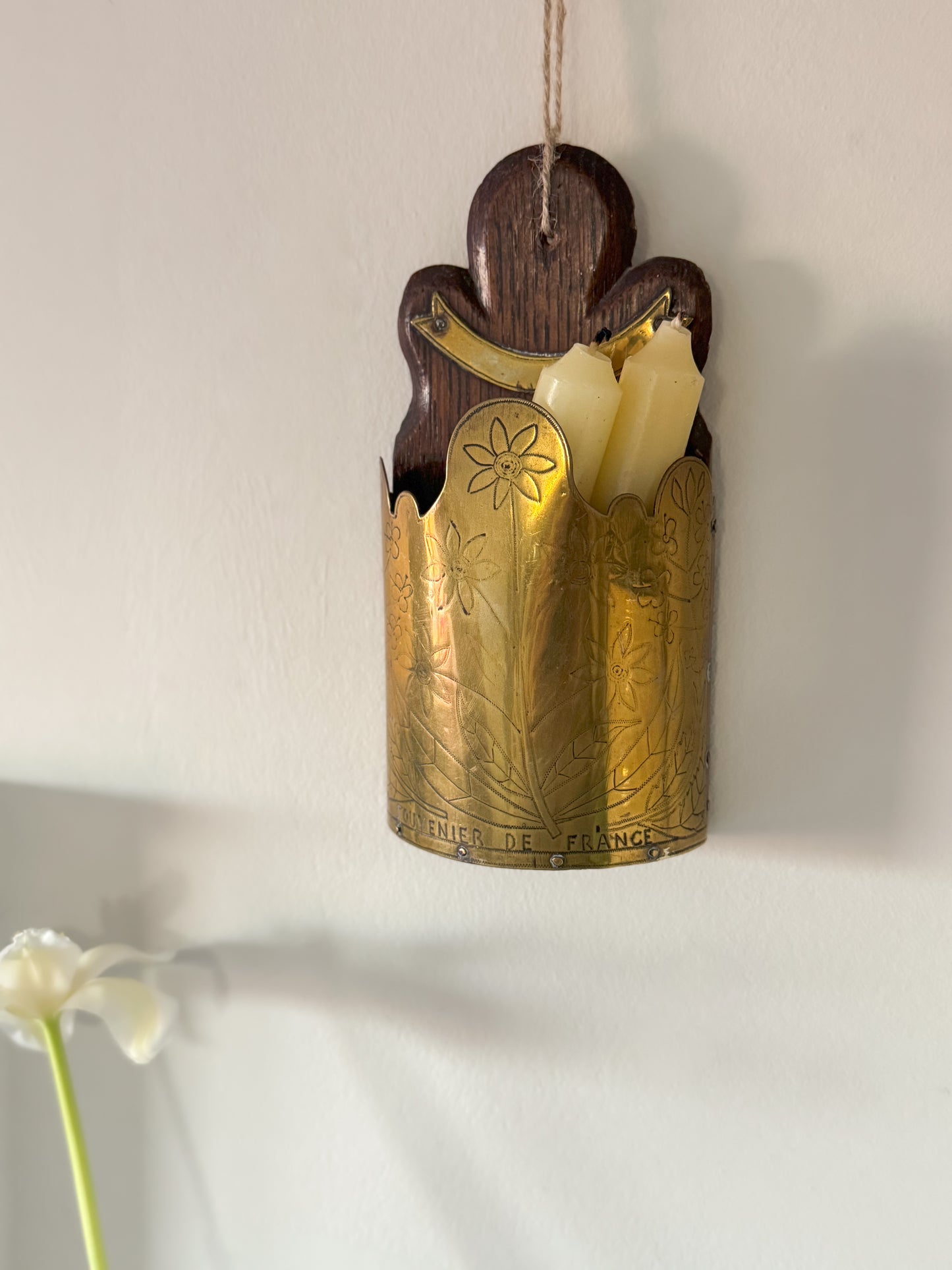 Antique French Brass & Oak Handmade Folk Art Wall Pocket | Candle Box