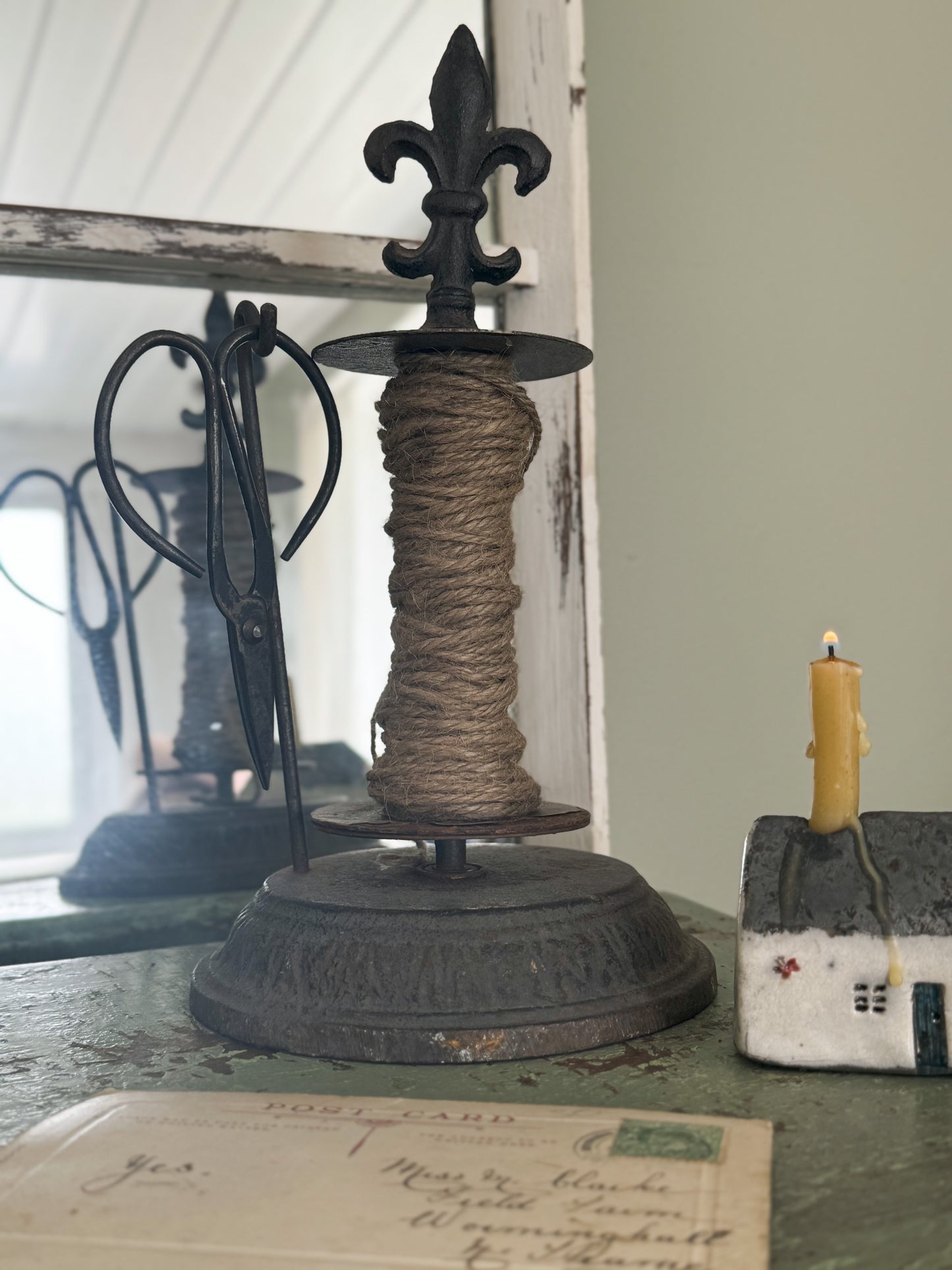 Rustic Fleur de Lys Cast Iron Twine Holder & Scissors