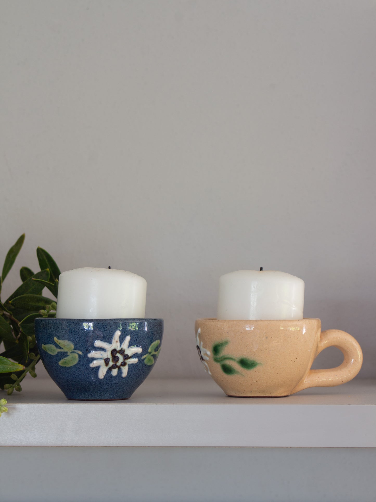 Pair of Vintage Mediterranean Hand-Painted Slipware Espresso Cups