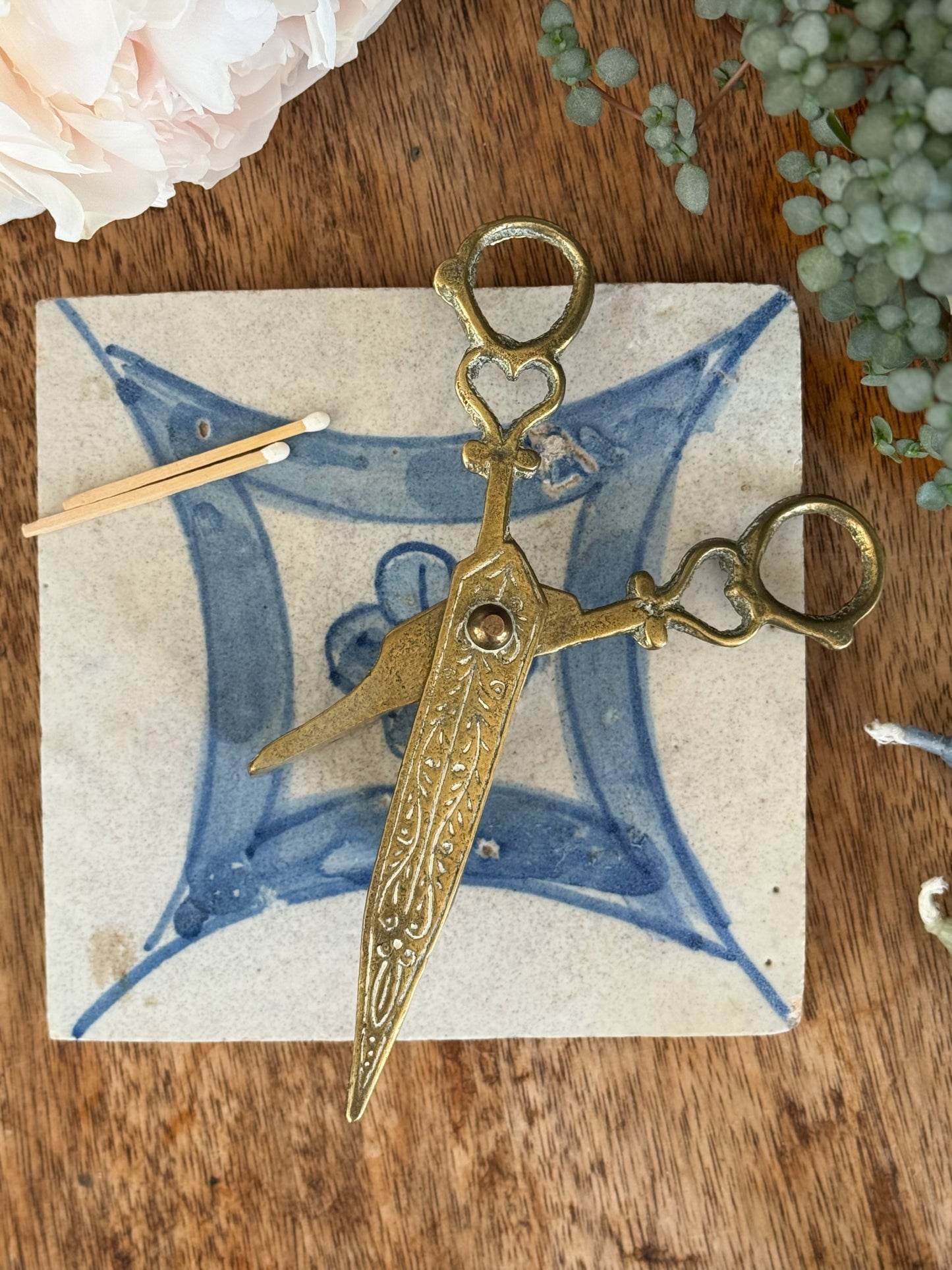 Victorian Brass Candle Wick Trimming Scissors | Intricate floral etching & heart shaped handles