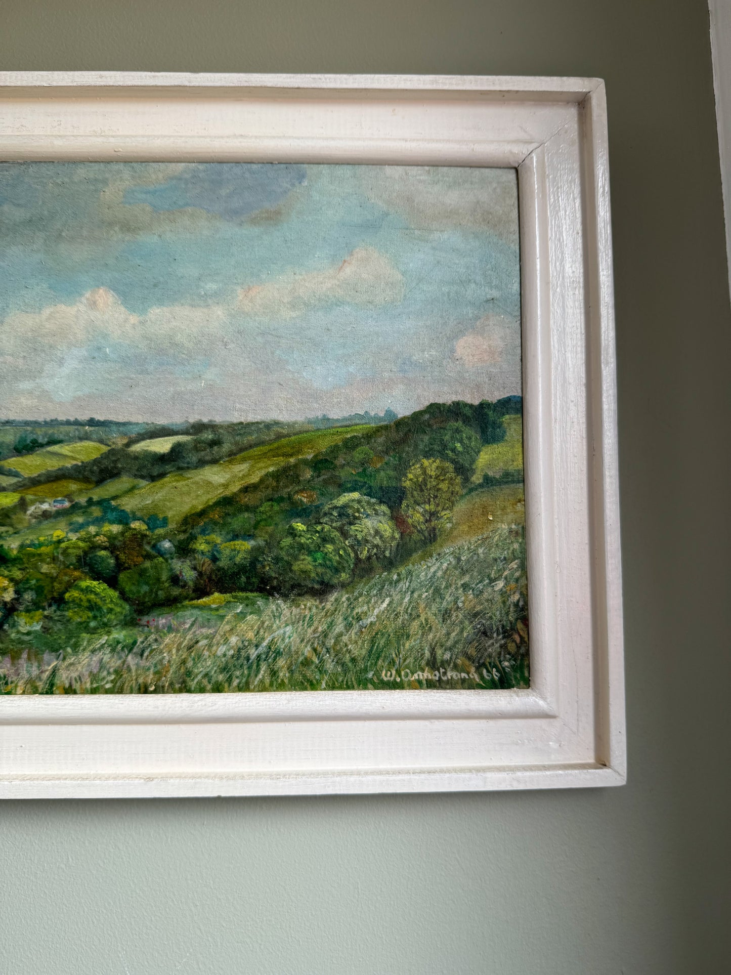 Original Midcentury Rural Landscape Framed Oil on Board by W.Armstrong