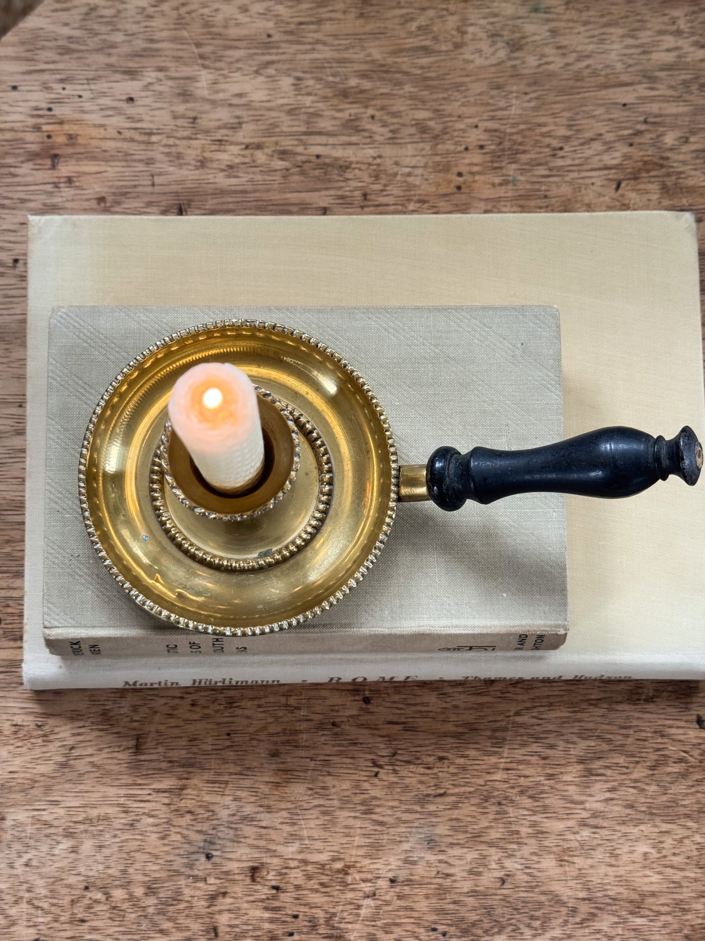 Vintage Brass Chamberstick with Long Wooden Handle