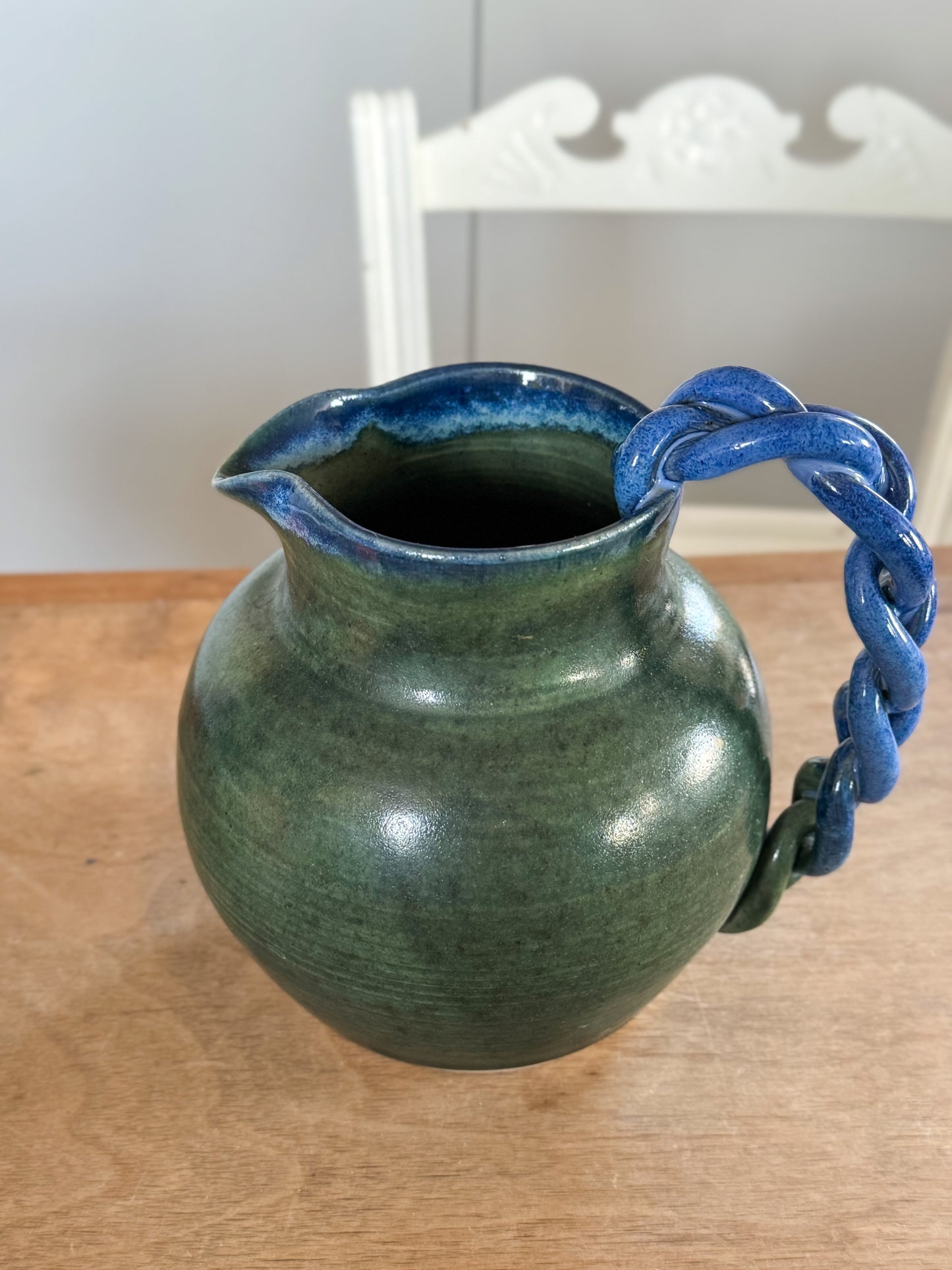 Unique Studio Pottery Drip Glaze Jug – Olive Green & Blue Roped Handle