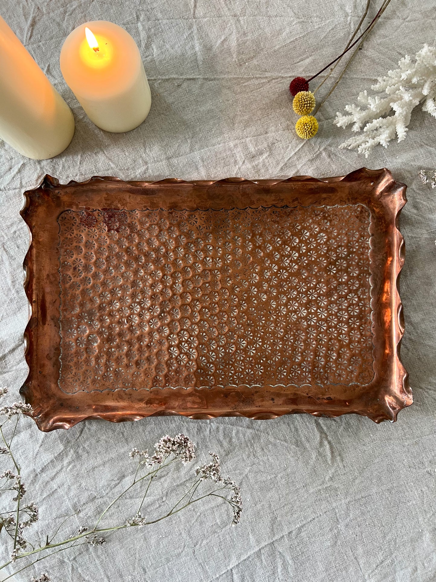 Antique Floral Ruffled Copper Tray