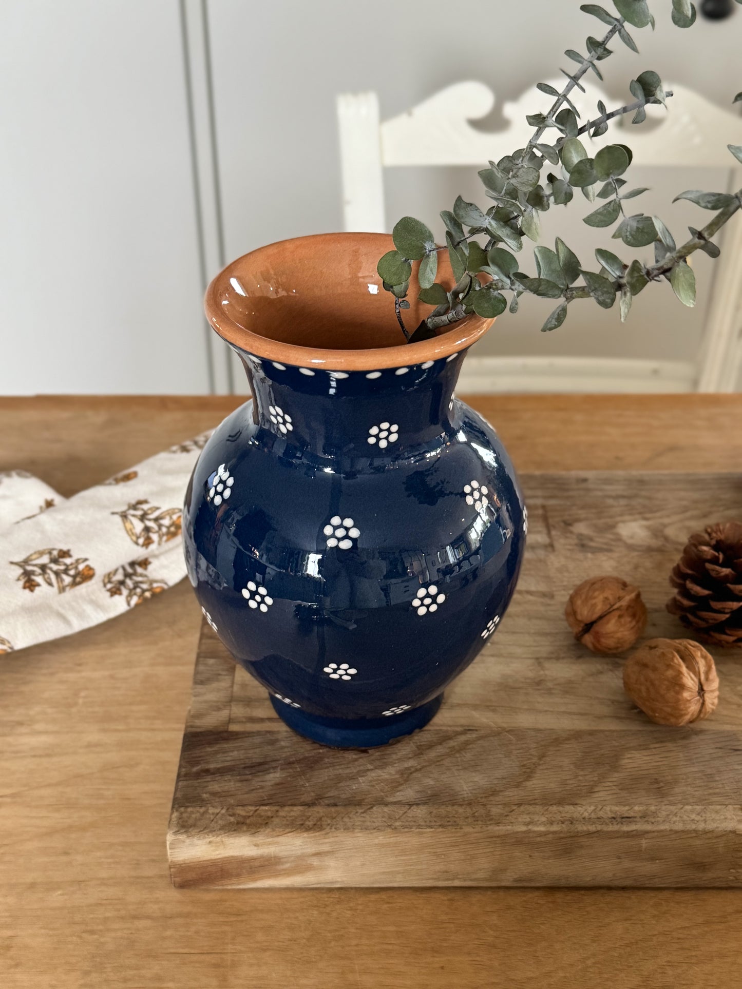 Vintage German Studio Pottery Vase - Deep Blue Slipware with Hand-Painted Flowers